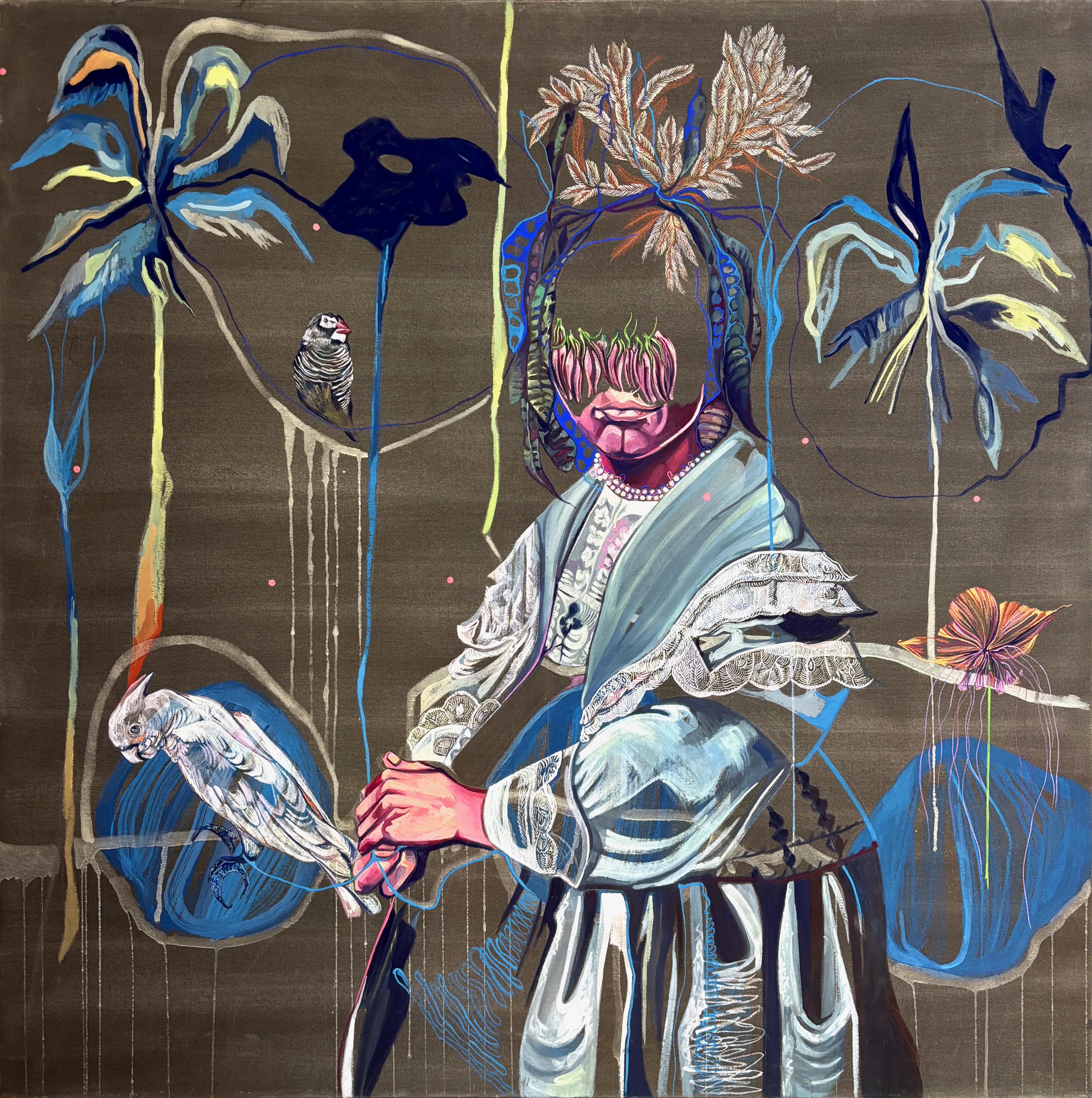 Huile sur toile surréaliste française de Claudia Brutus, Femme aux oiseaux