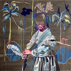 French Surrealist Oil on Canvas by Claudia Brutus, Woman with Birds