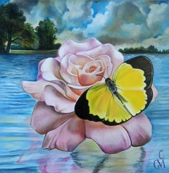 Peinture à l'huile « Drifting Dreamer » de Claudia Griesbach-Martucci, papillon jaune