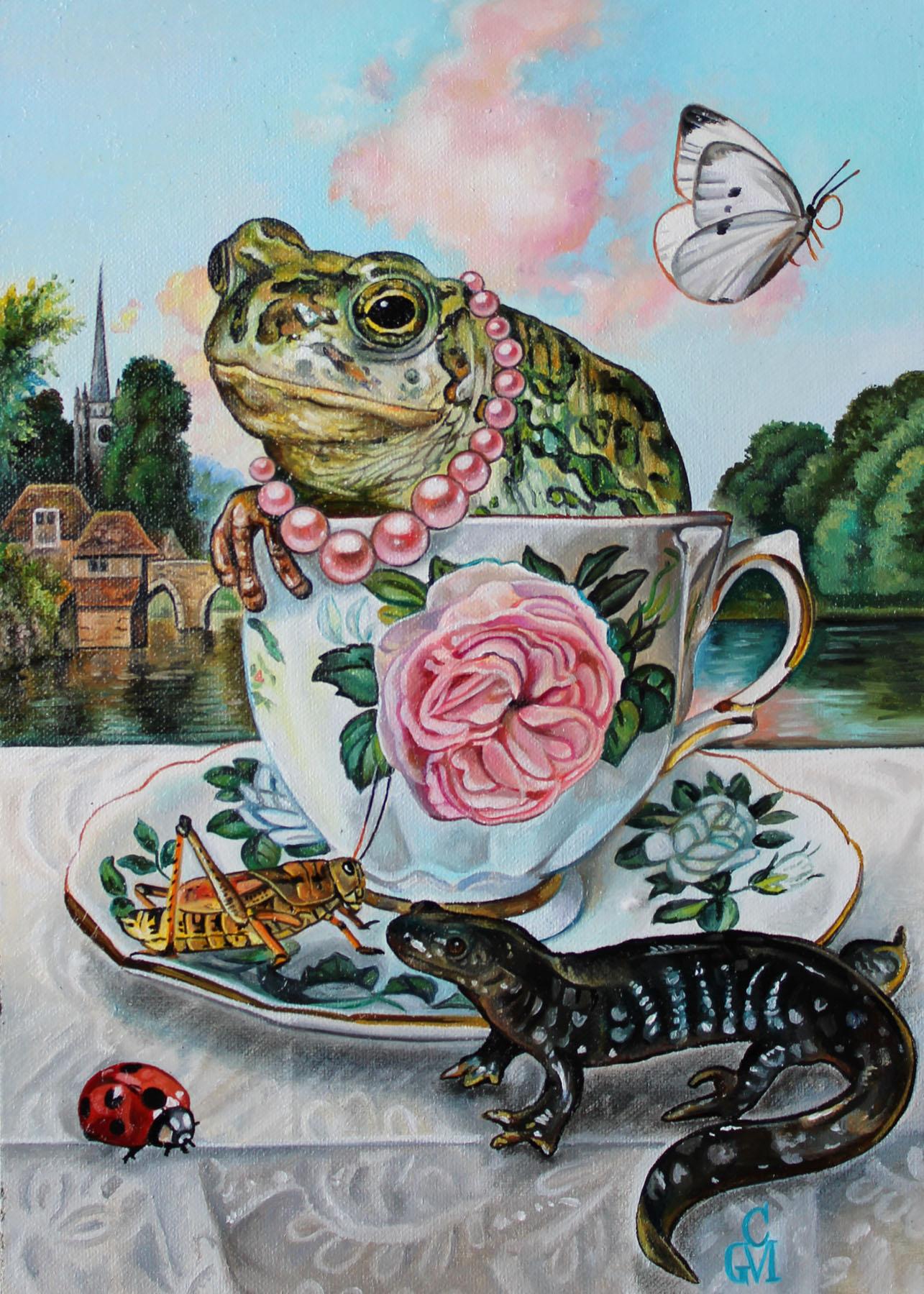 Claudia Griesbach-Martucci's "In Good Company" is an original, handmade oil painting that depicts a frog with a pink pearl necklace in a tea cup surrounded by a ladybug, cricket and salamander. 

About the Artist:
Claudia Griesbach-Martucci was born