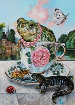Peinture à l'huile « In Good Company » de Claudia Griesbach-Martucci, grenouille fantaisiste