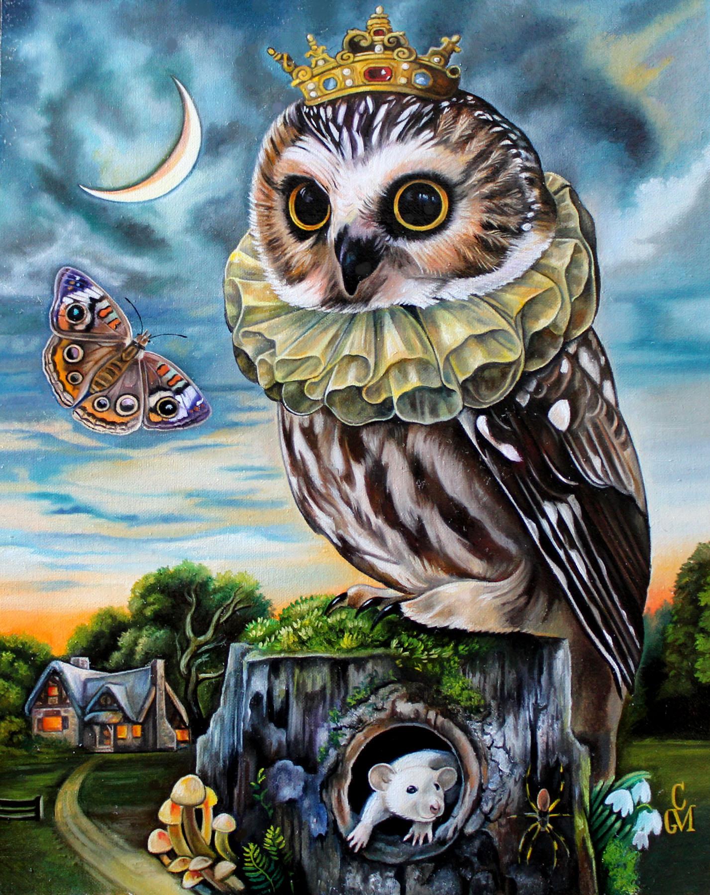 Claudia Griesbach-Martucci's "The King's Prey" is an original, handmade oil painting that depicts an owl with a bejeweled gold crown perched atop a mossy tree stump with a charming lit cottage in the background. 

About the Artist:
Claudia