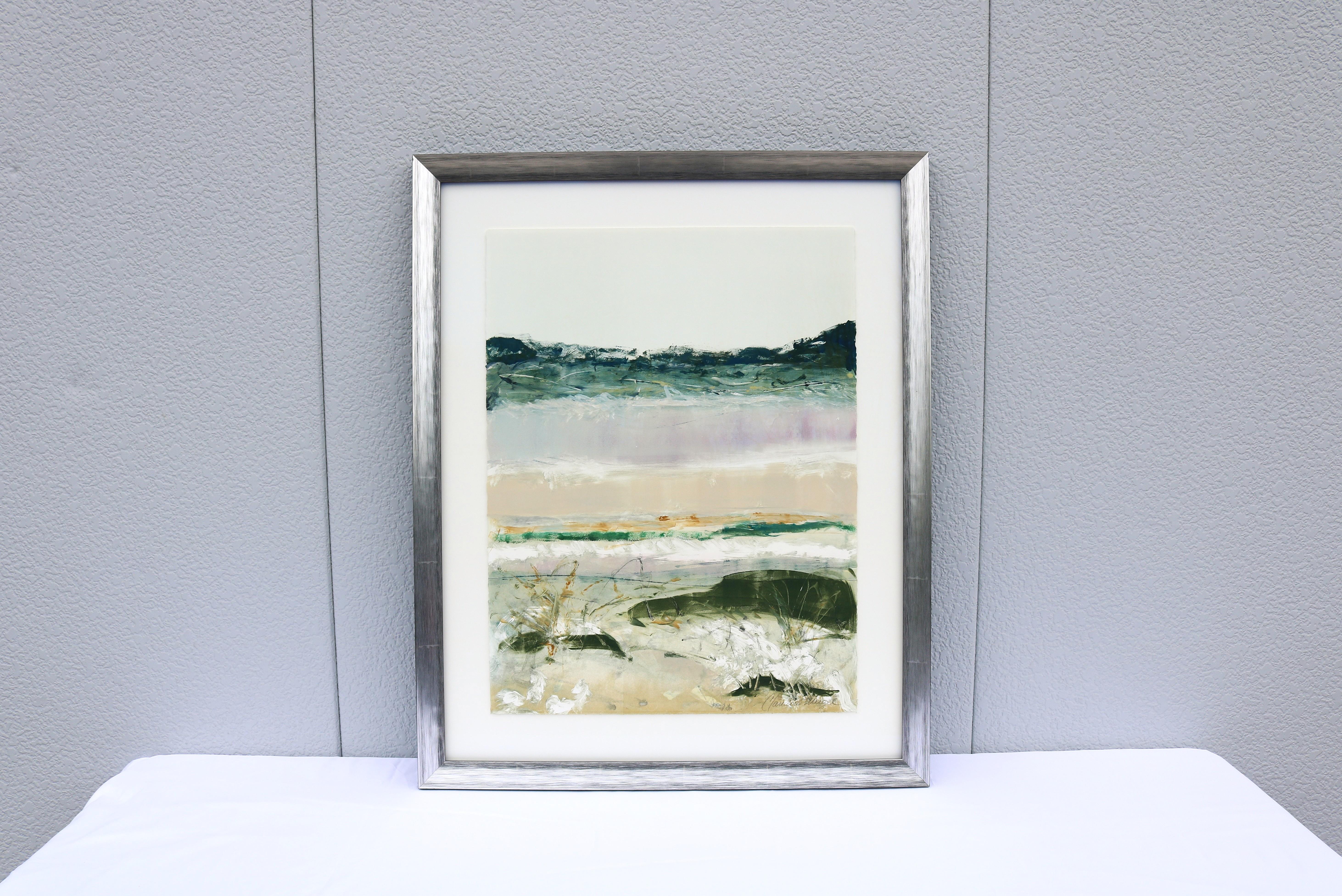 Fabuloso cuadro original en acrílico sobre papel de Claudia Mengel, paisaje abstracto contemporáneo único en su especie. Firmado a mano por el artista en la parte inferior derecha.
Esta obra de arte abstracta presenta un paisaje en tonos terrosos