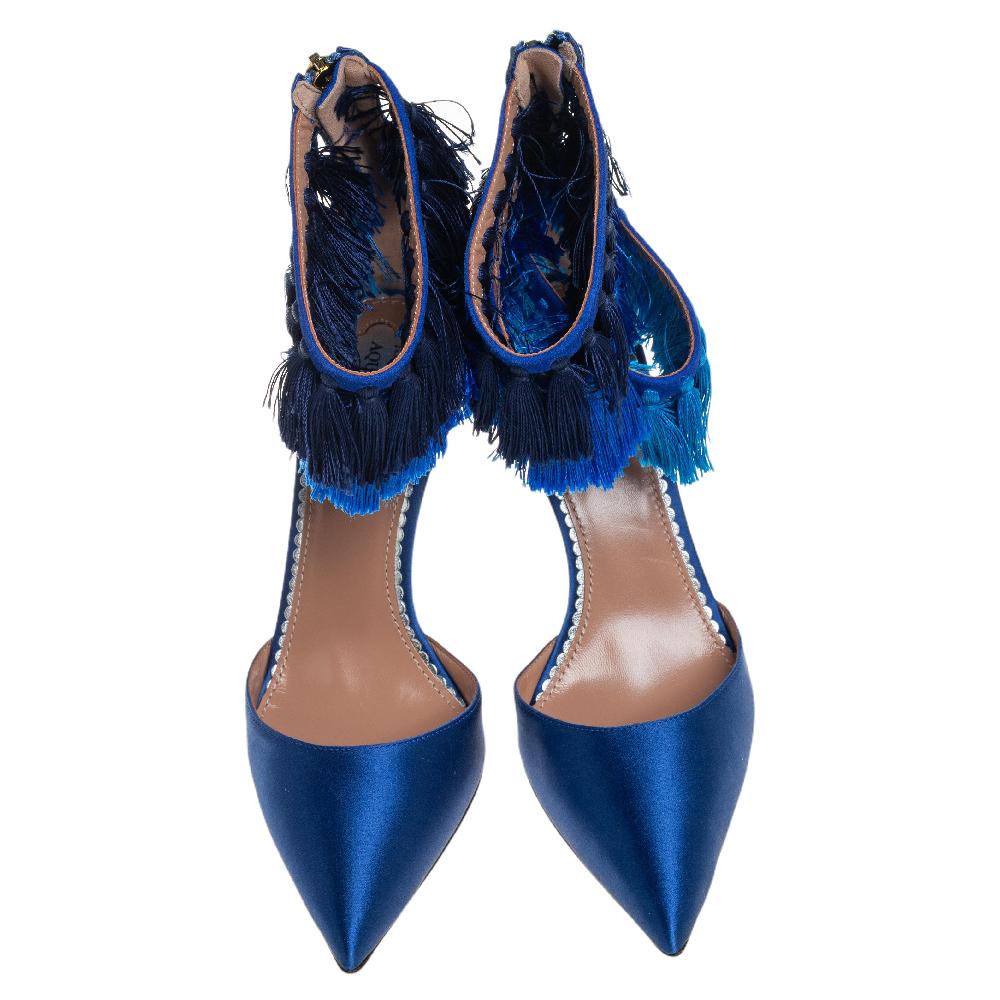 Claudia Schiffer For Aquazzura Blue Satin And Suede Tasseled Loulou Pumps Size 3 1