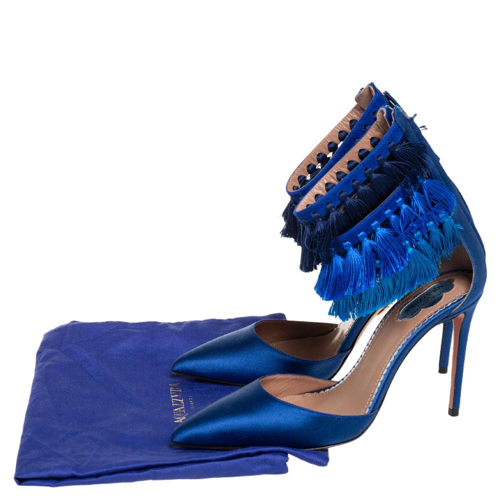 Claudia Schiffer For Aquazzura Blue Satin And Suede Tasseled Loulou Pumps Size 3 2