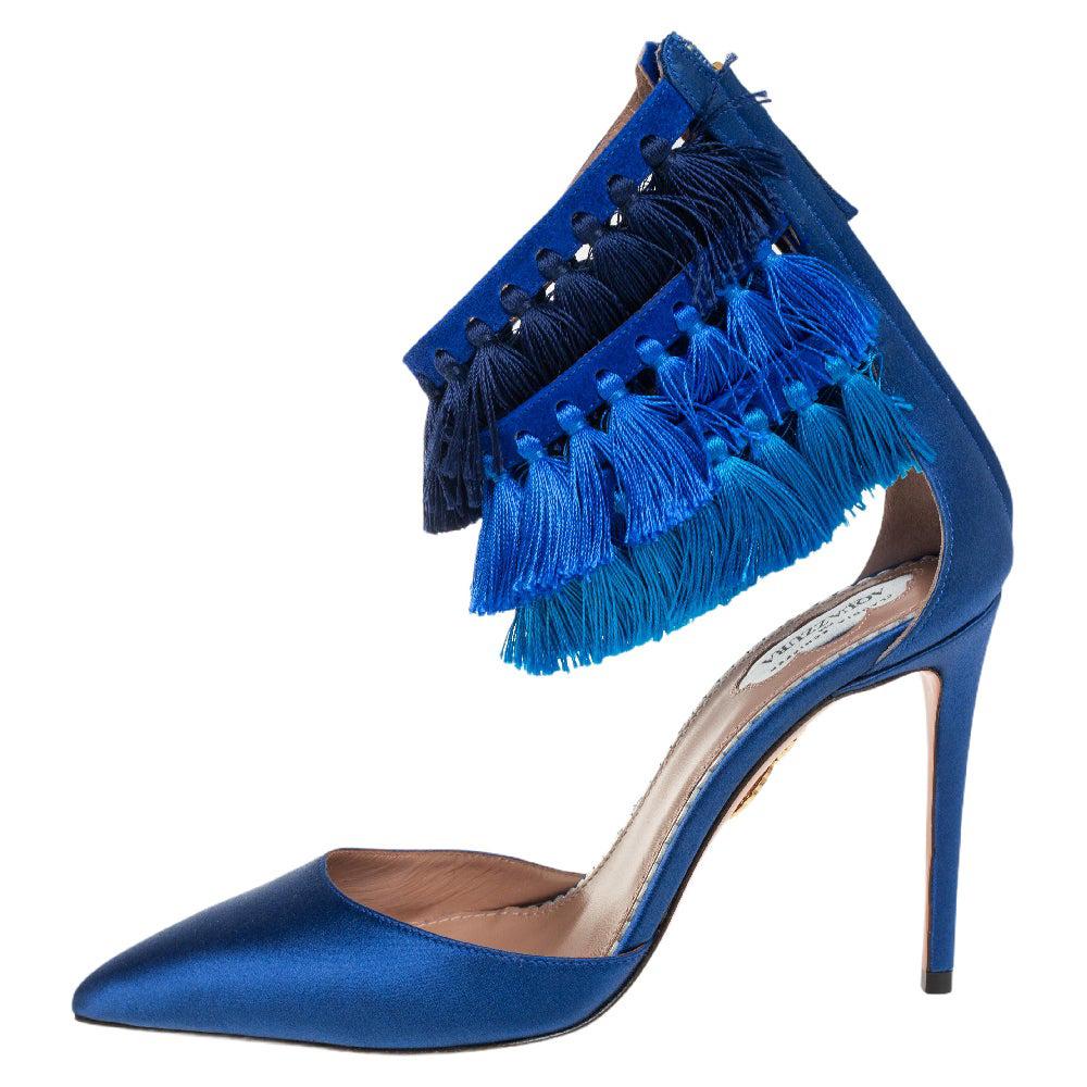 Claudia Schiffer For Aquazzura Blue Satin And Suede Tasseled Loulou Pumps Size 3
