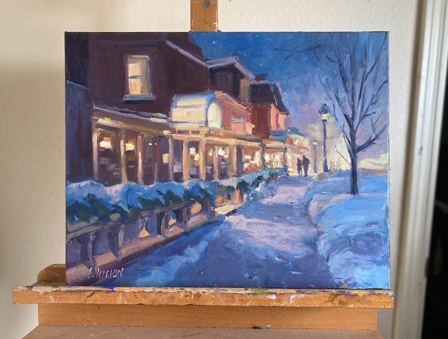 <p>Artist Comments<br>A glowing depiction of a cold winter evening by artist Claudia Verciani. Figures stroll down a snow-covered sidewalk illuminated by inviting restaurant lights. 
