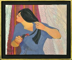 Retro Breton Girl Combing Hair, 1989. Intimate Everyday Moment. Painted in Brittany.