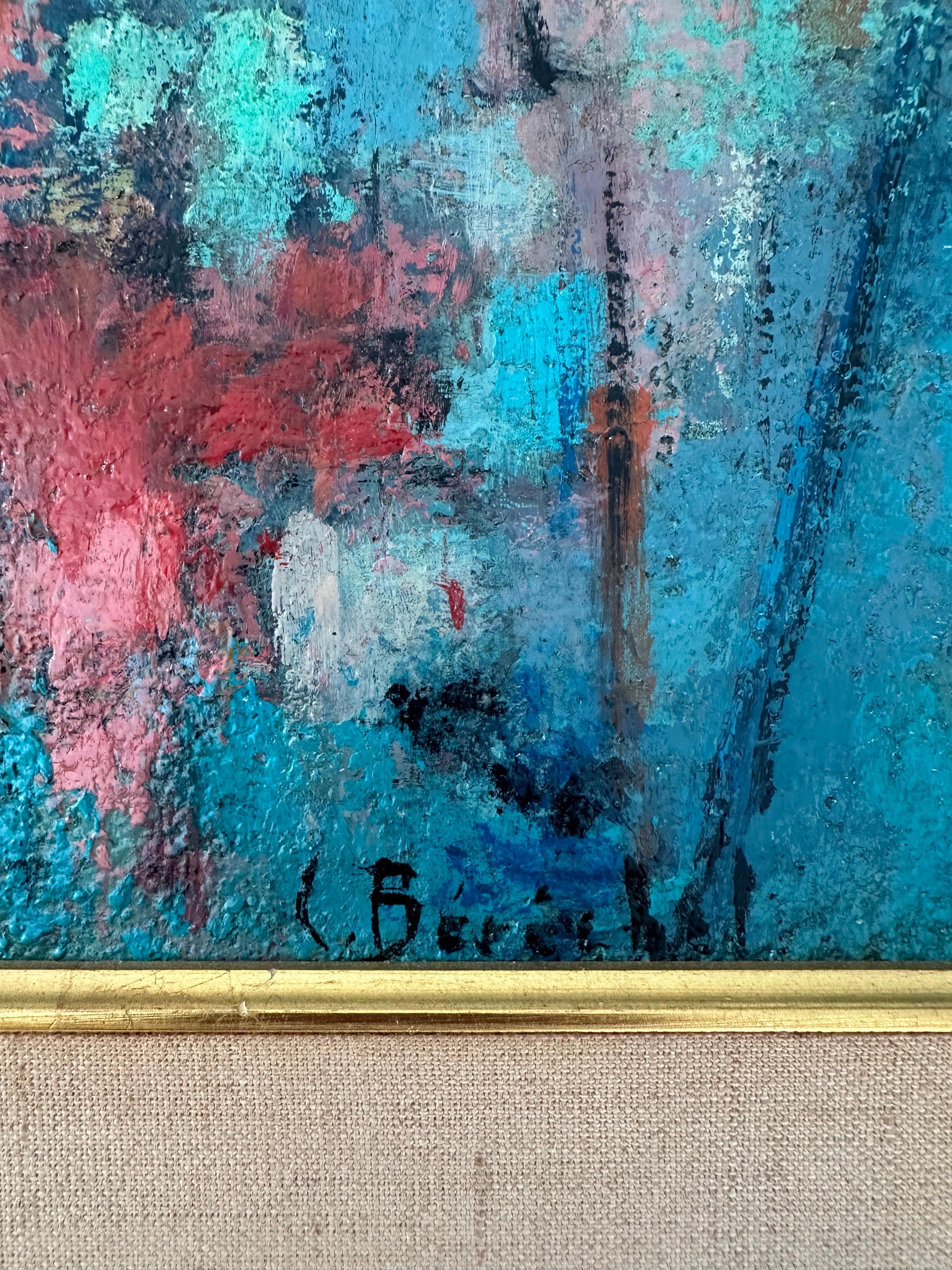 Claudine Berechel (1925-2011)

Tetti parigini, 1955-60 ca.

Olio su tela di 15 x 24 pollici. Misura incorniciata,  20 x 29 pollici. 

Firmato in basso al centro. 

Timbro della Janet Fleisher Gallery (Philadelphia) sul verso della barella. 

Il