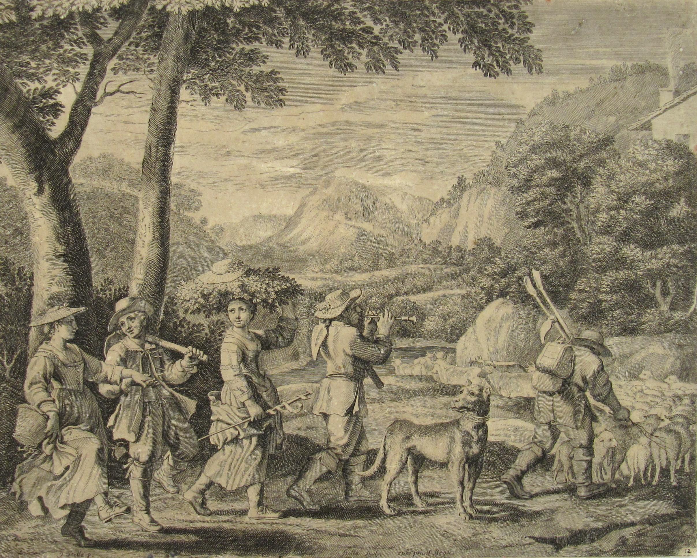 Claudine Bouzonnet-Stella Figurative Print - Music making Peasants returning Home - 17thC Etching from Les Pastorales