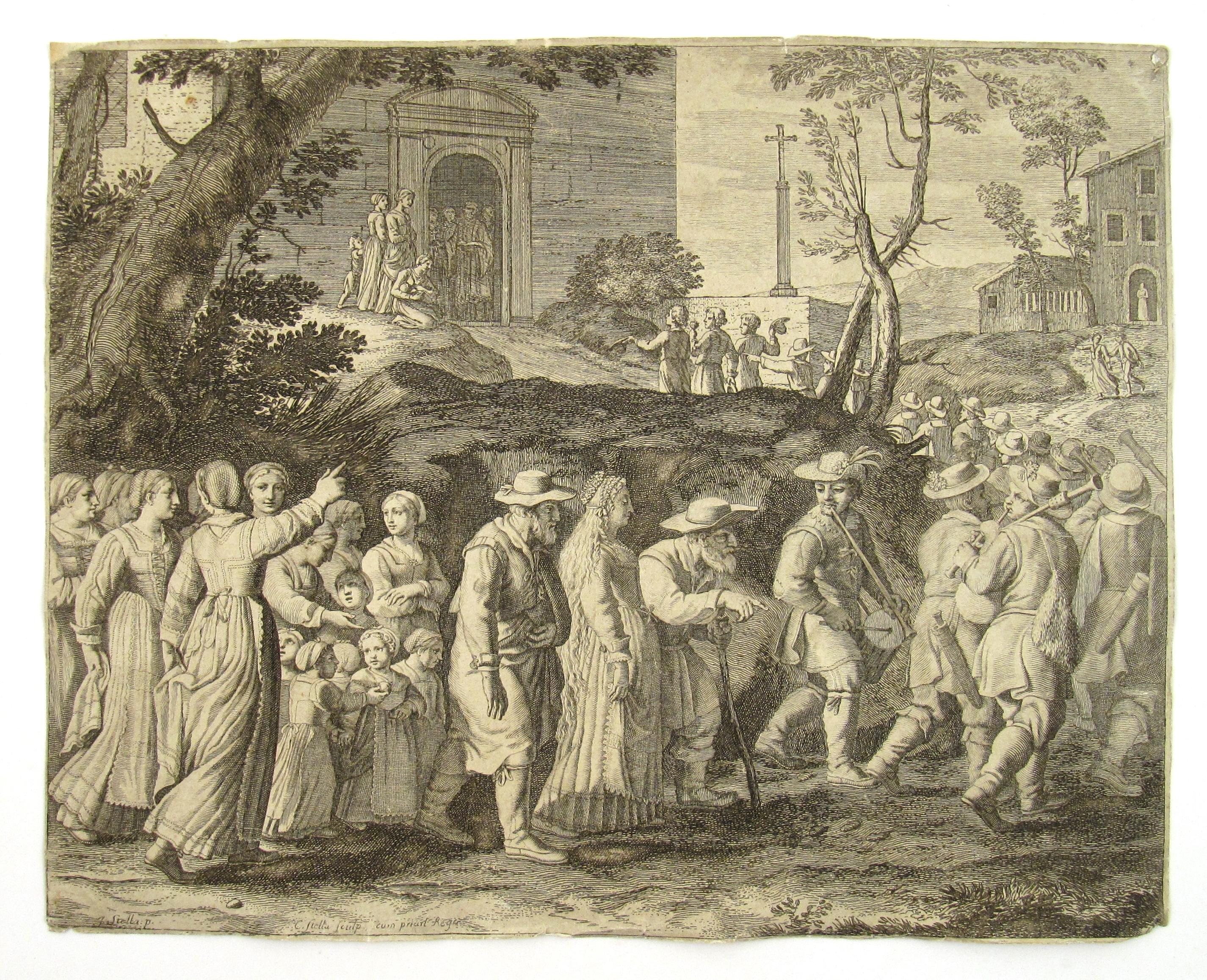 The Wedding Procession - Le Cortege nuptial - 17thC Etching from Les Pastorales - Print by Claudine Bouzonnet-Stella