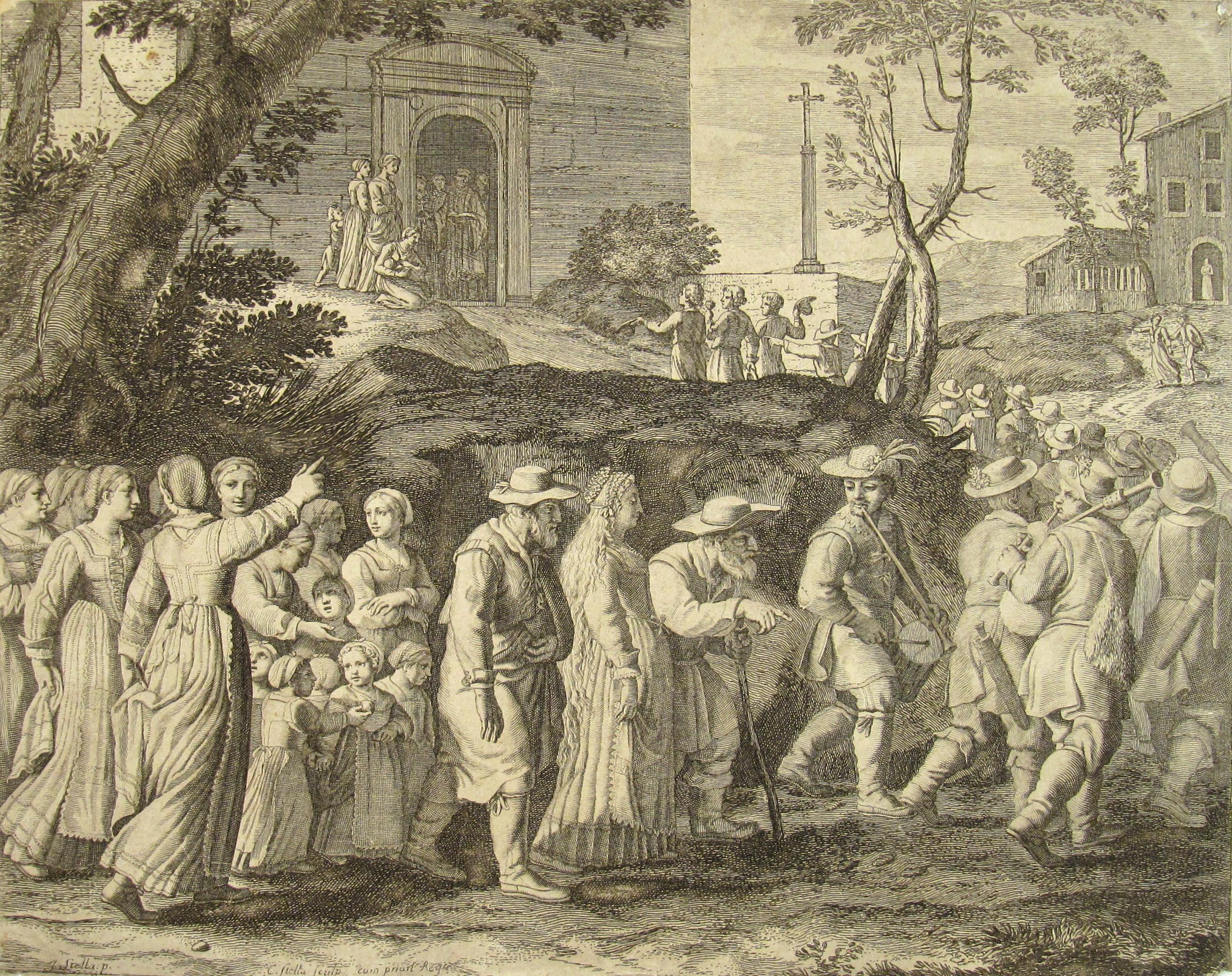 La procession de mariage - Nuptial du Cortege - gravure du 17e siècle provenant des Pastorales