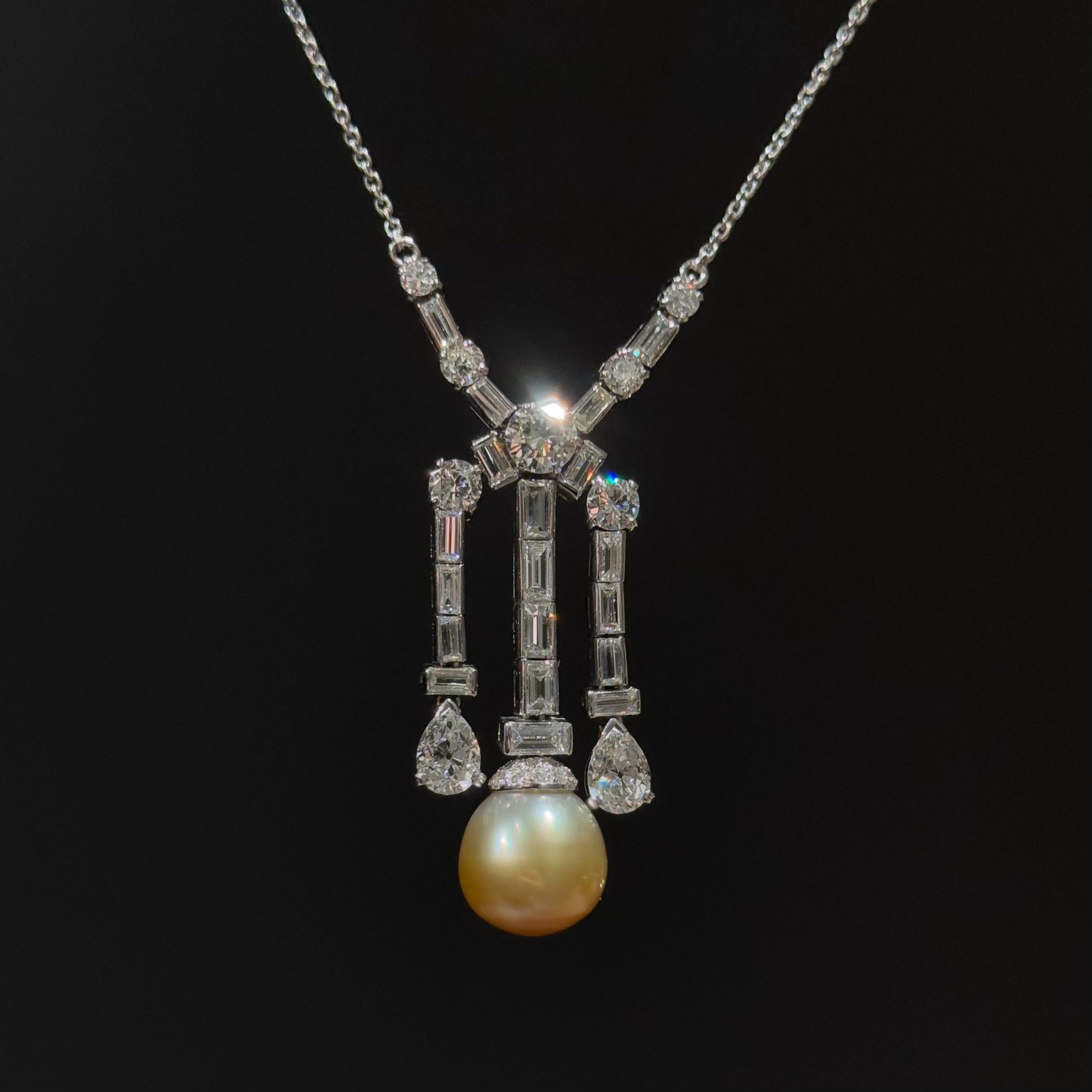 Claudino de Oliveira Art Deco Golden Pearl Old Cut Diamond Necklace 1940s For Sale 8