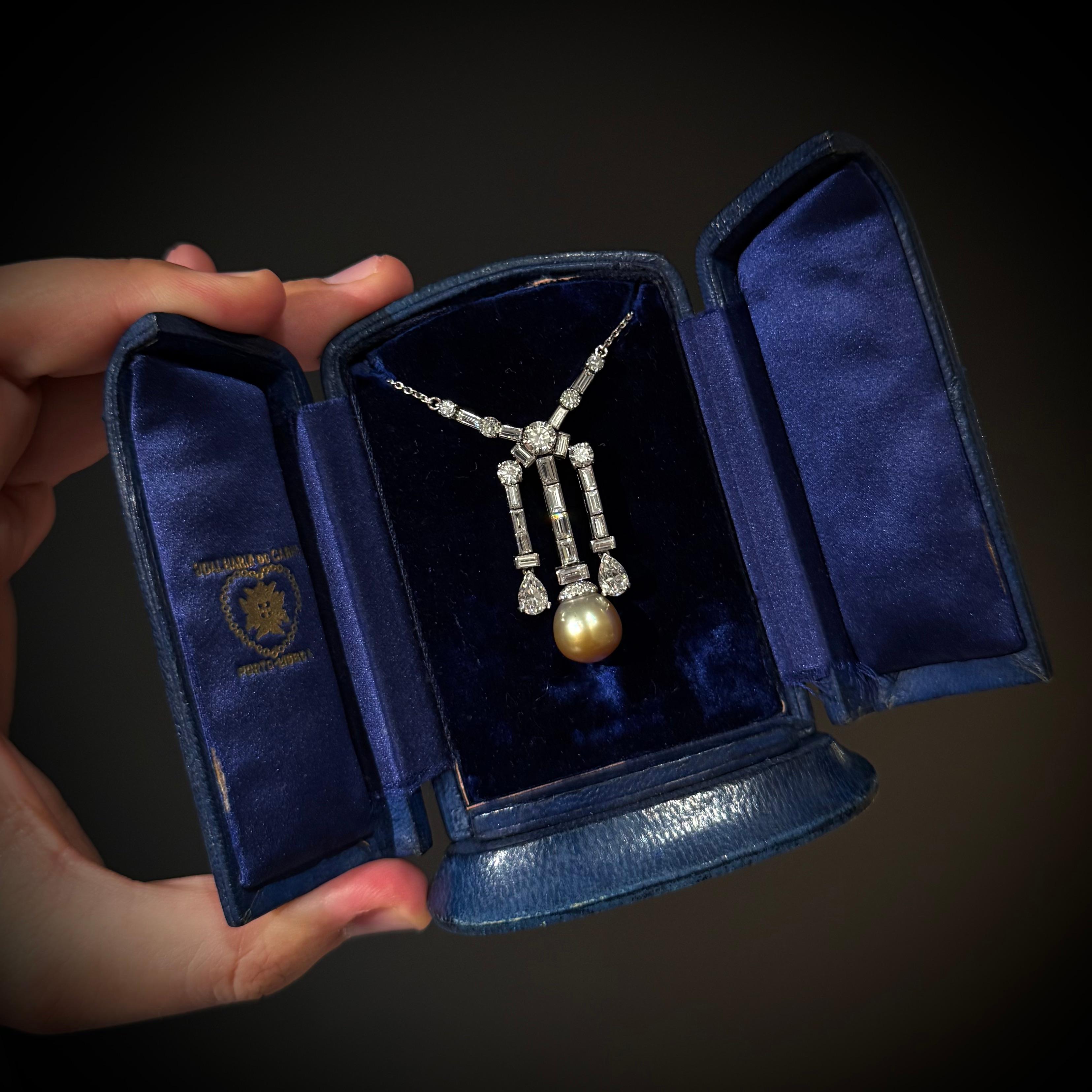 Claudino de Oliveira Art Deco Golden Pearl Old Cut Diamond Necklace 1940s For Sale 12