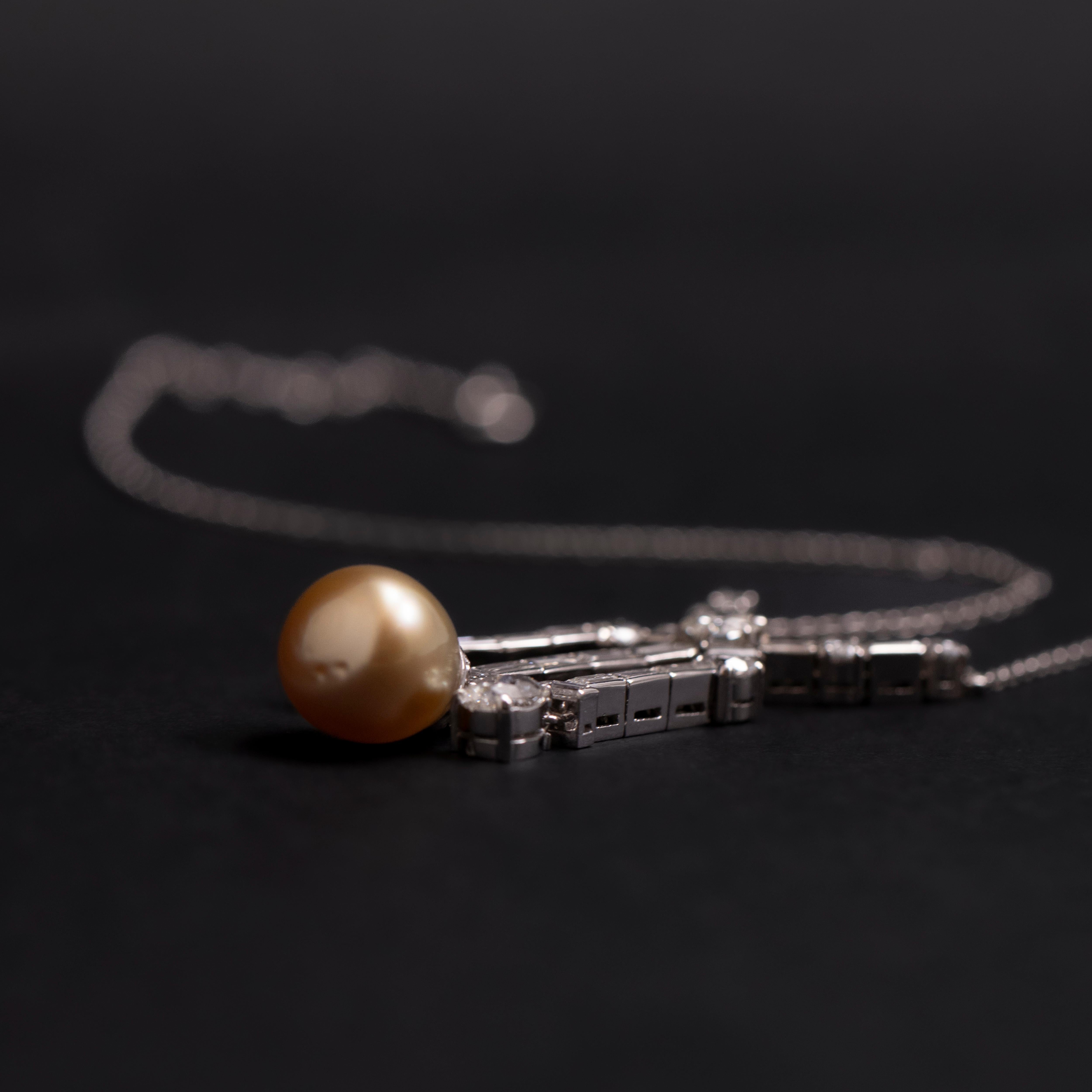Claudino de Oliveira Art Deco Golden Pearl Old Cut Diamond Necklace 1940s For Sale 3