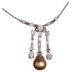 Claudino de Oliveira Art Deco Golden Pearl Old Cut Diamond Necklace 1940s