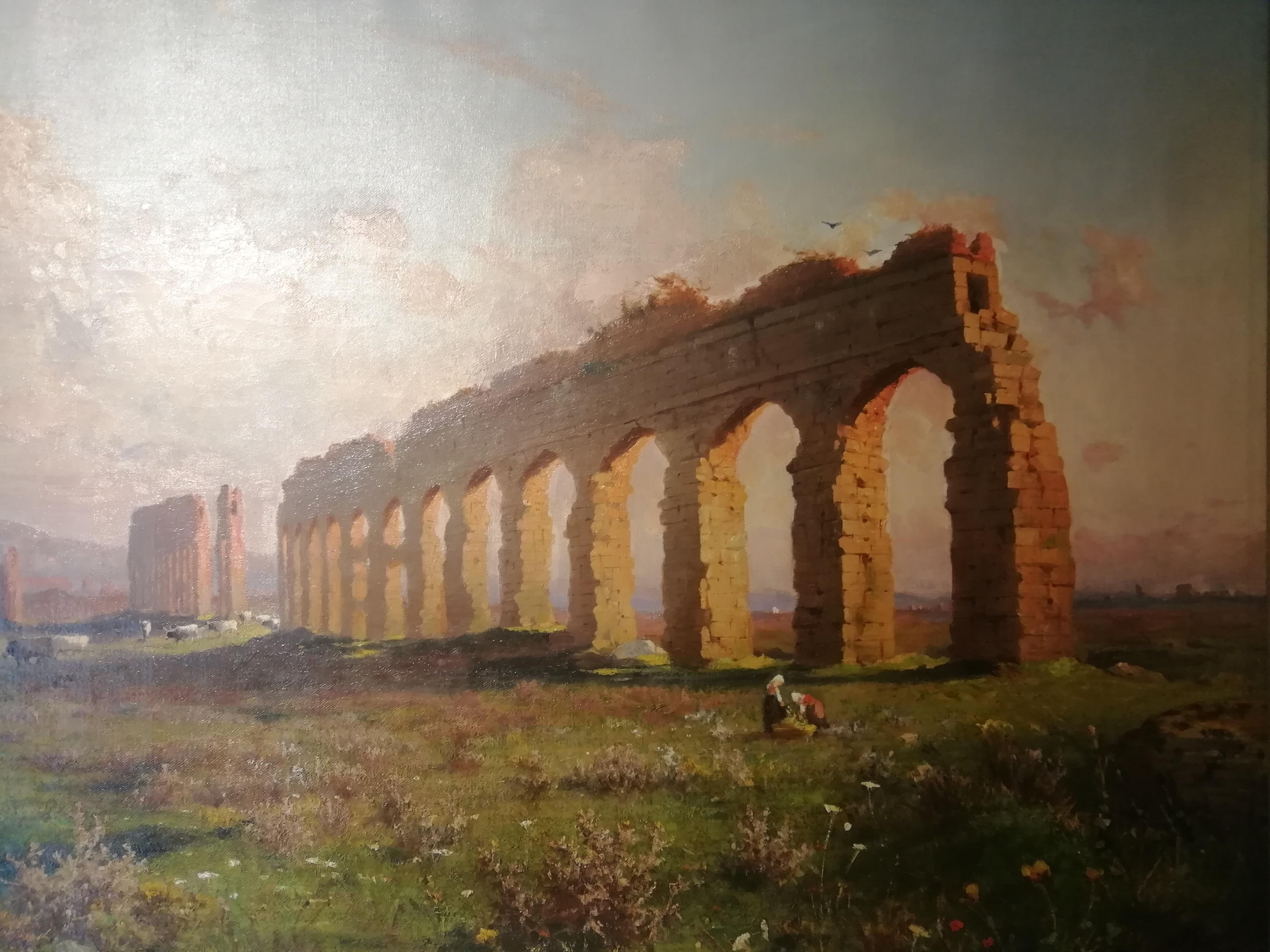 Polish Claudio Aqueduct, Henryk Cieszkowski Oil on Canvas Rome Landscape Painting For Sale