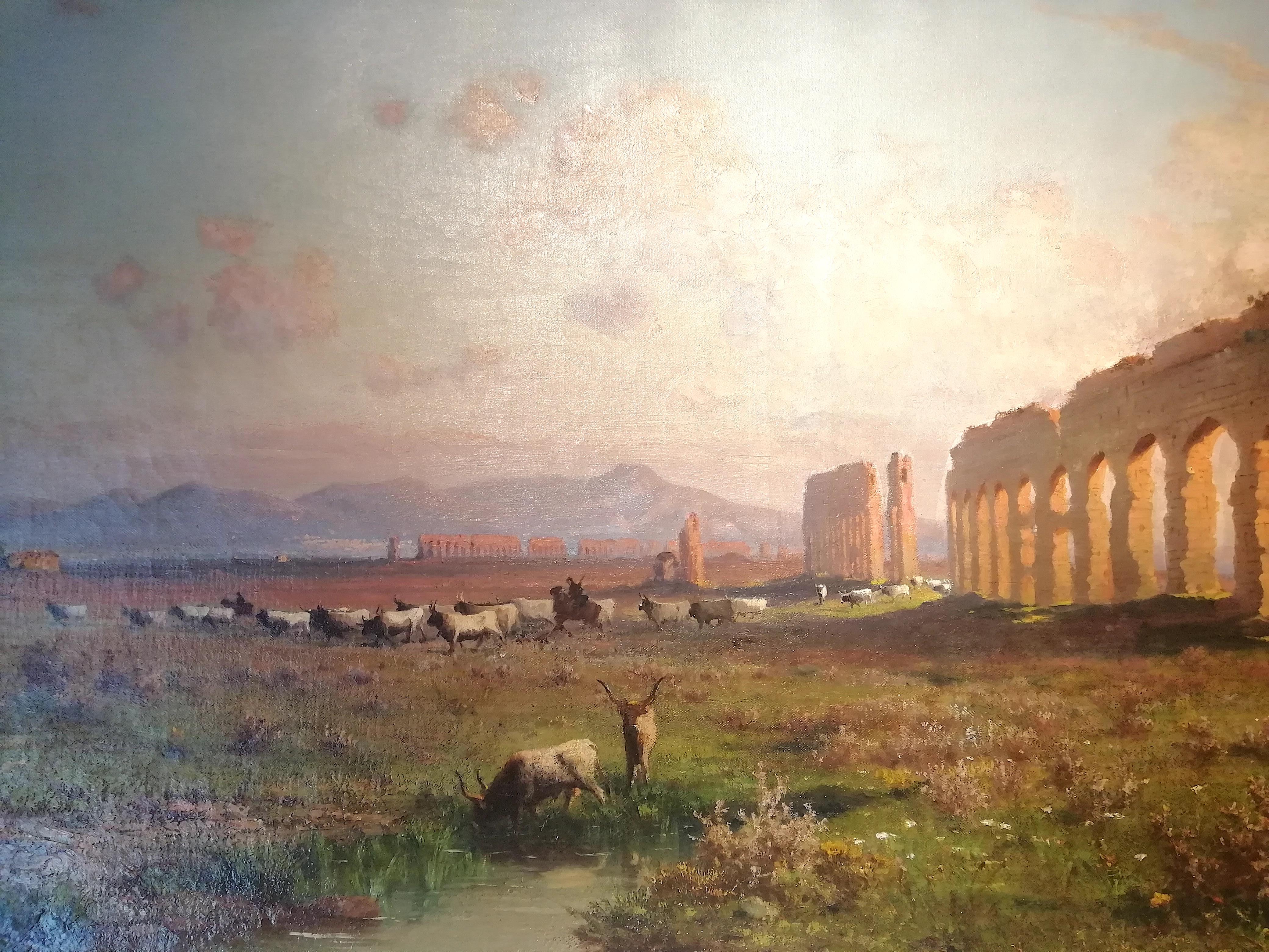 Claudio Aqueduct, Henryk Cieszkowski Oil on Canvas Rome Landscape Painting For Sale 1