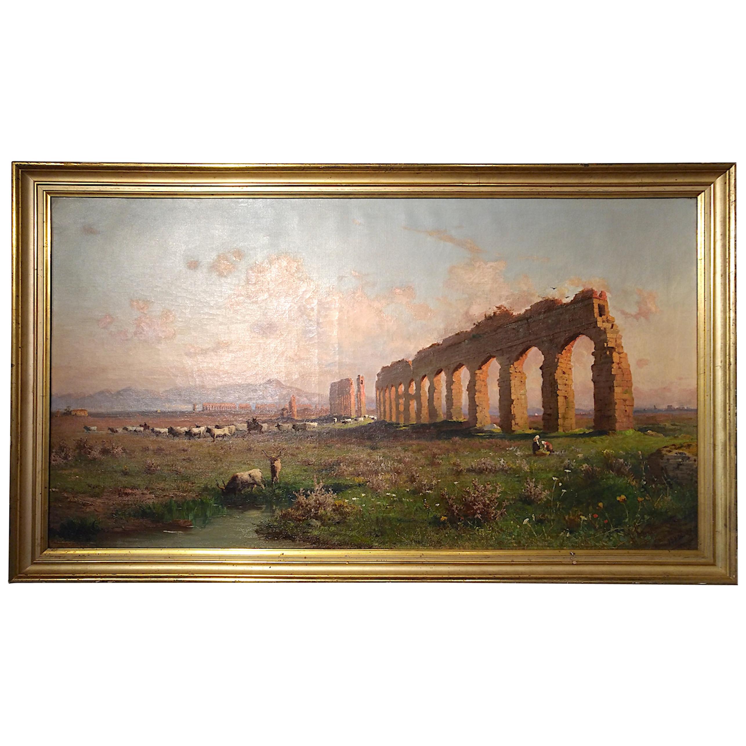 Claudio Aqueduct, Henryk Cieszkowski Oil on Canvas Rome Landscape Painting For Sale