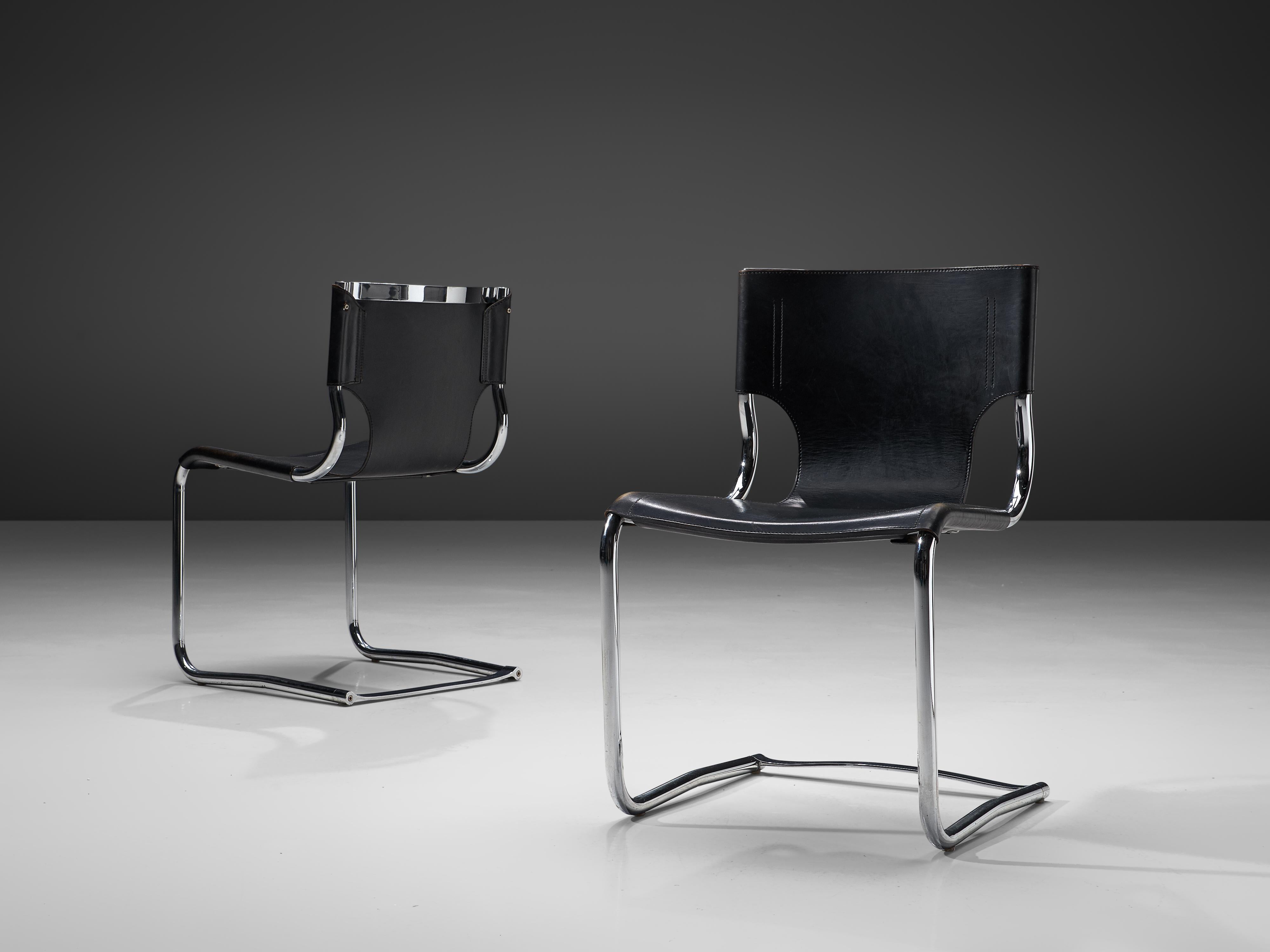Italian Claudio Bartoli Set of Five Dining Chairs in Tubular Steel and Leather