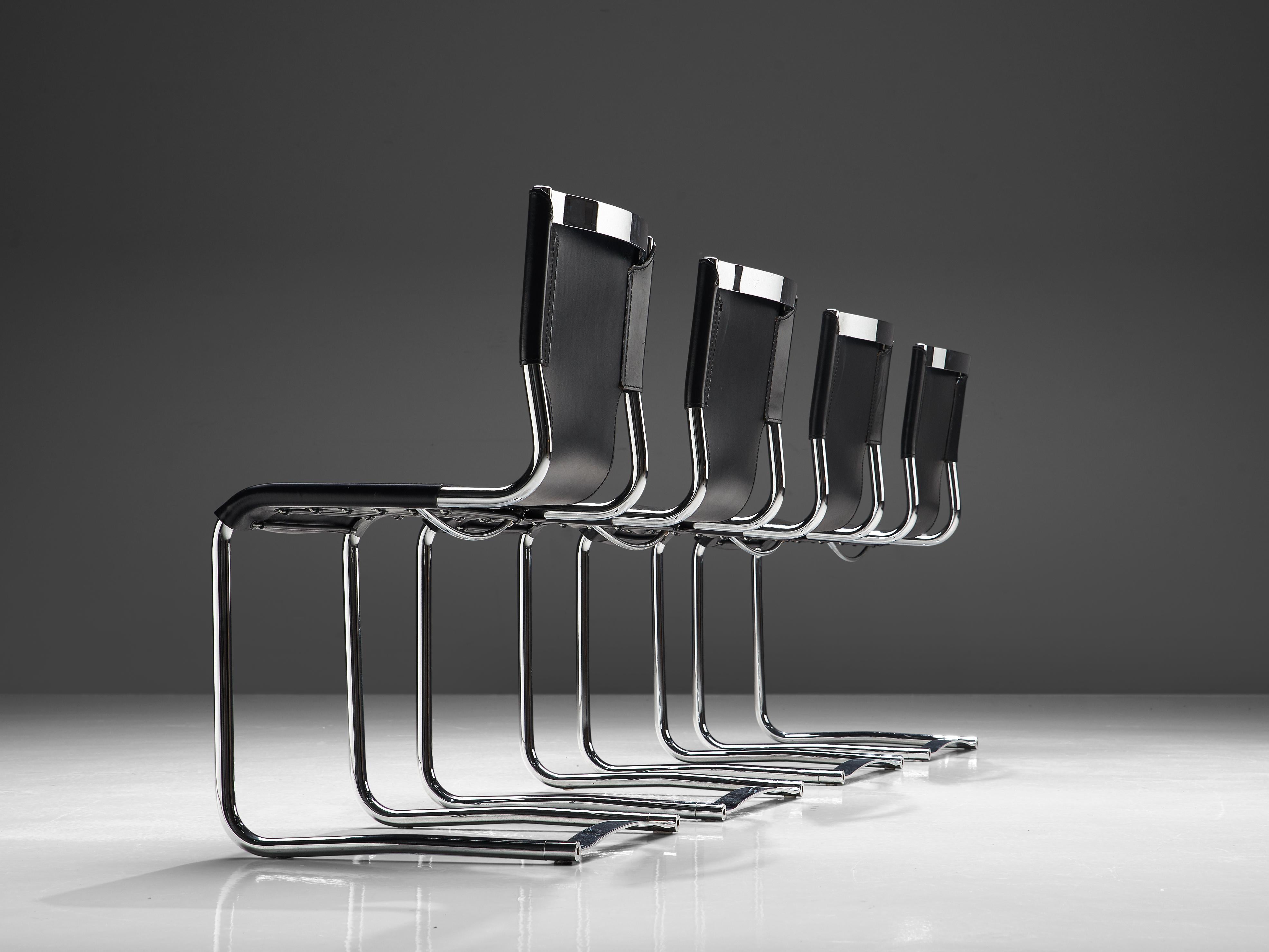 Carlo Bartoli, set of four dining chairs '920', black leather and steel, Italy, 1971.

This elegant set of cantilevered tubular frame chairs are executed with the finest black leather that is used as a shell for both seat and back. The sides of