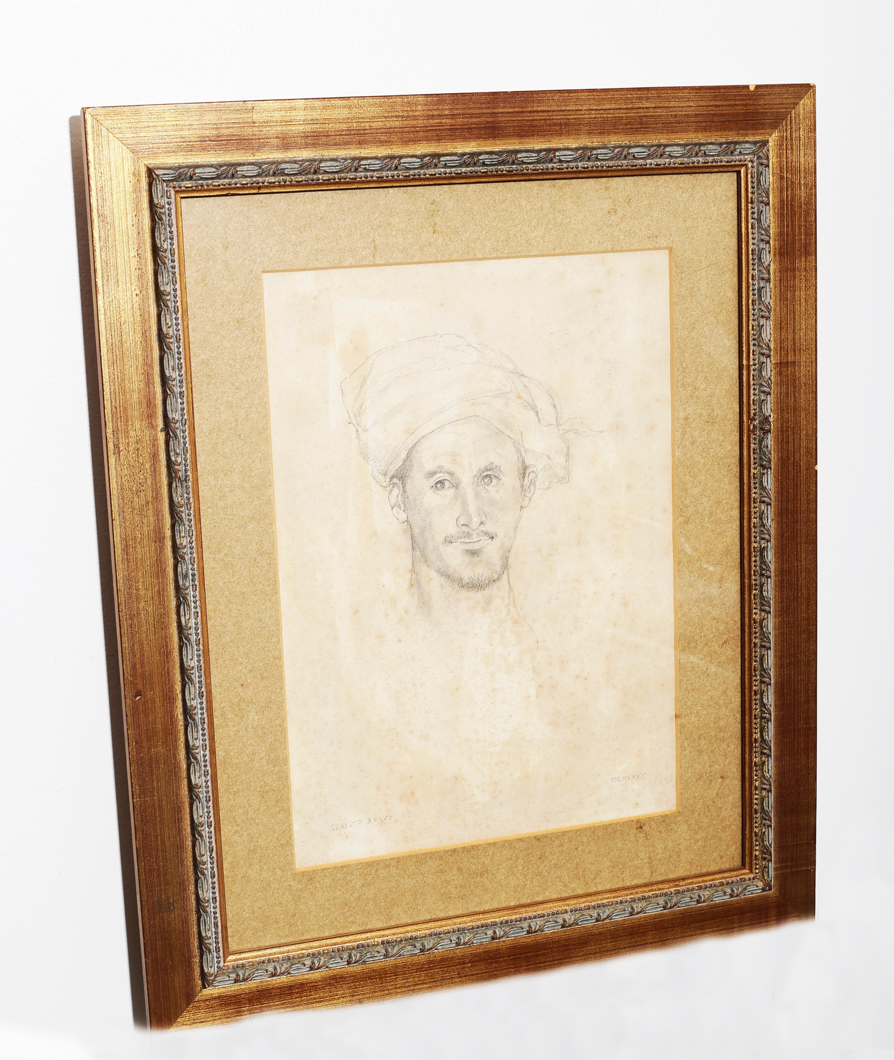 Claudio Bravo - Young man, Morocco, toga gown elegant male portrait Latin American hyperrealist
Original drawing in conté pencil, heightened with white on oatmeal coloured vergé paper by Claudio Bravo. 
The work was created during the artist's