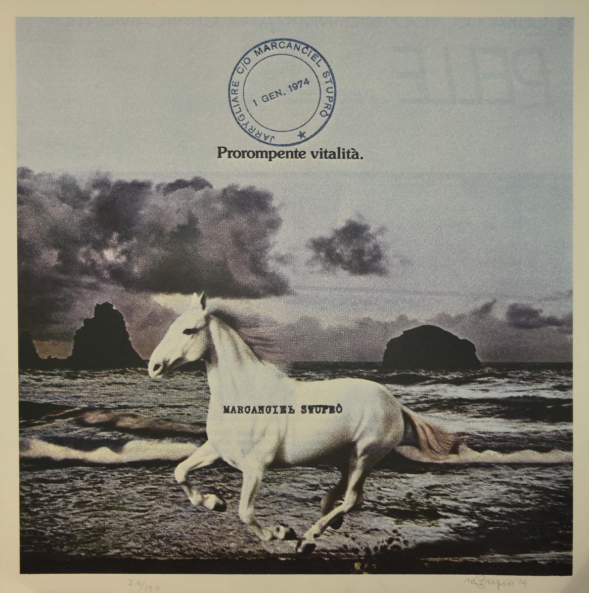 Caballo junto al mar es una obra original de Arte Contemporáneo realizada en 1974 por Claudio Cintoli, con el seudónimo de Marcanciel Stupro.

Desplazamiento vintage. Placa firmada en el centro.

Numerada en la parte inferior central a lápiz, de la