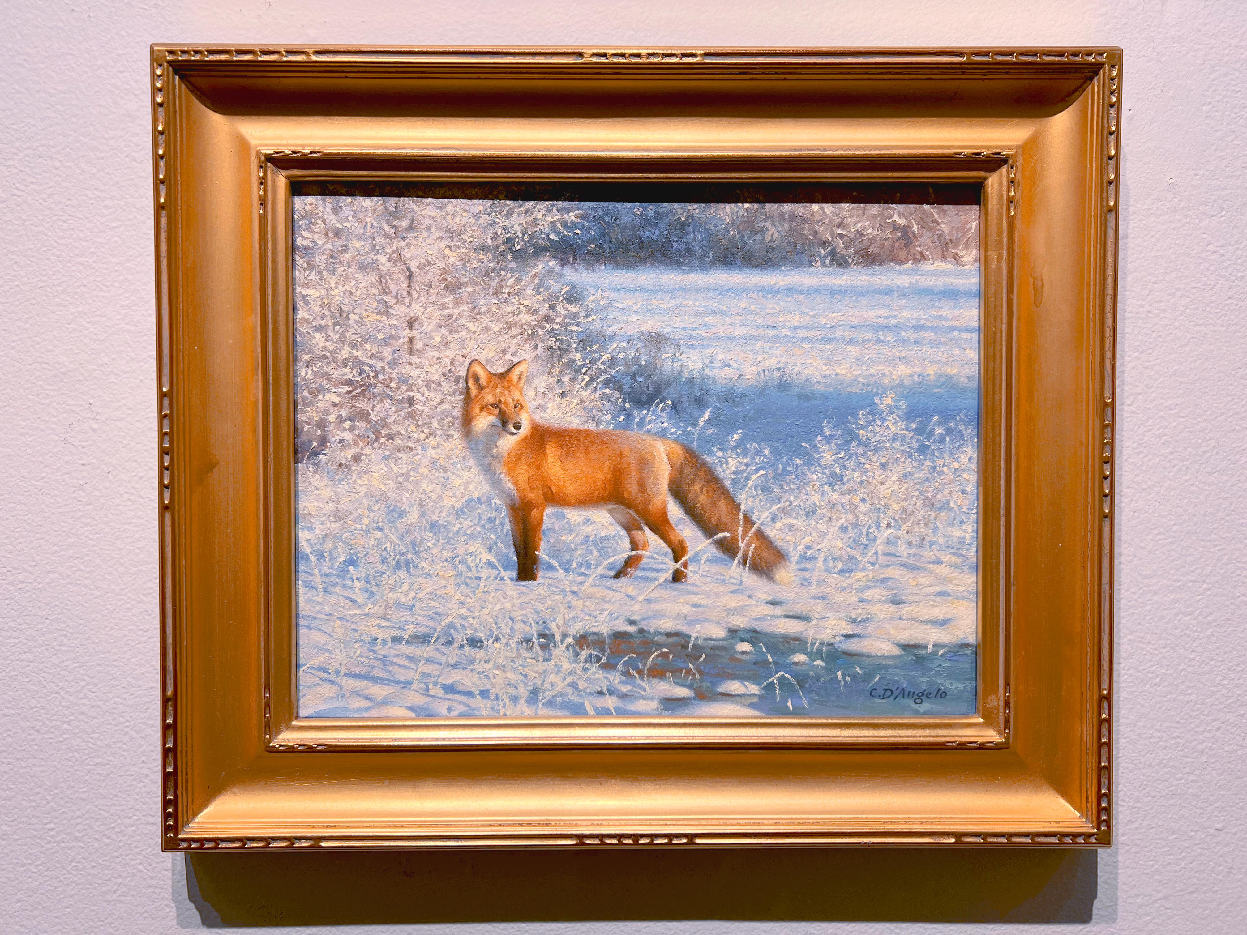 Claudio D'Angelo, Fox in Fresh Snow, peinture à l'huile de paysage d'hiver 11x14  en vente 1