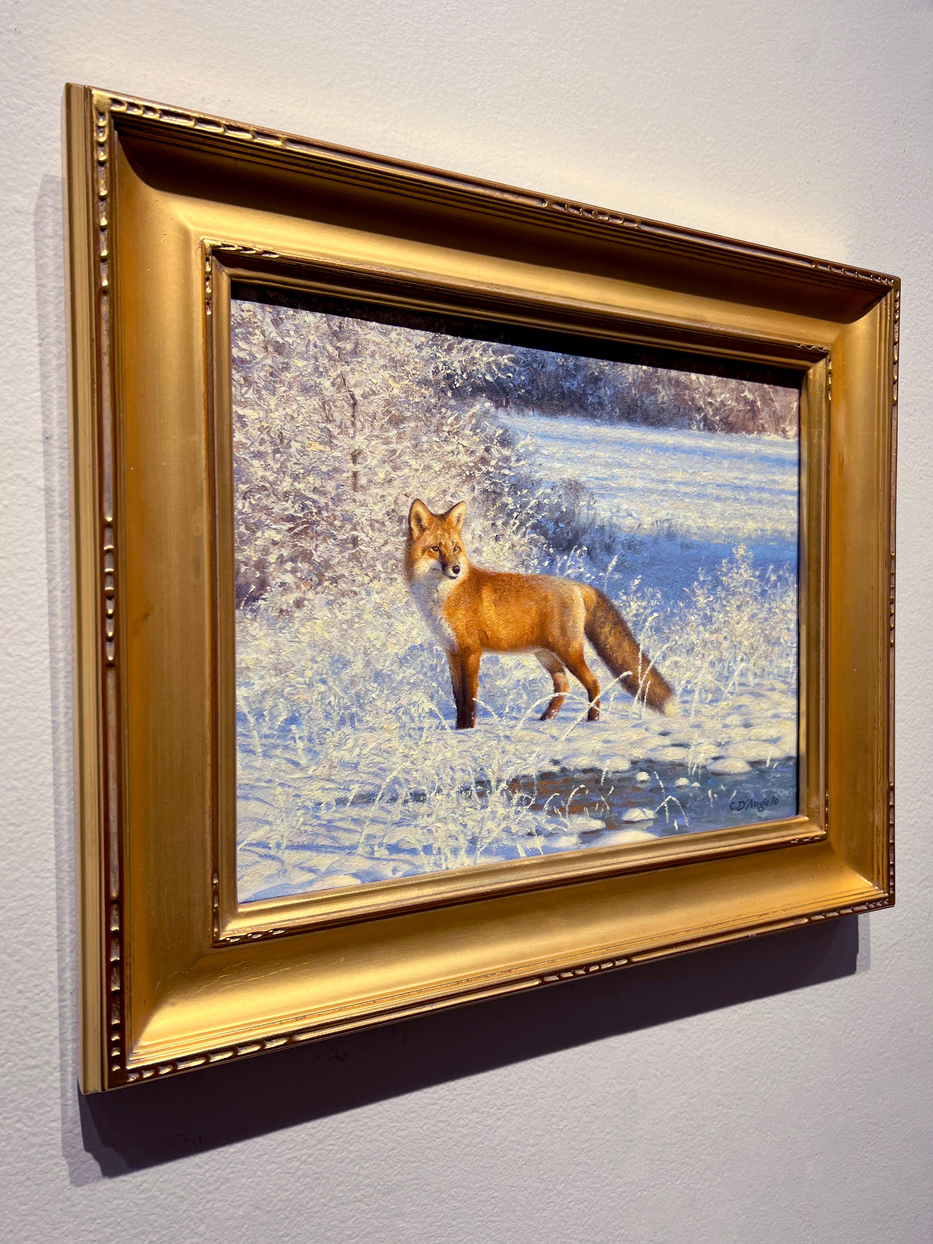 Claudio D'Angelo, Fox in Fresh Snow, peinture à l'huile de paysage d'hiver 11x14  en vente 2