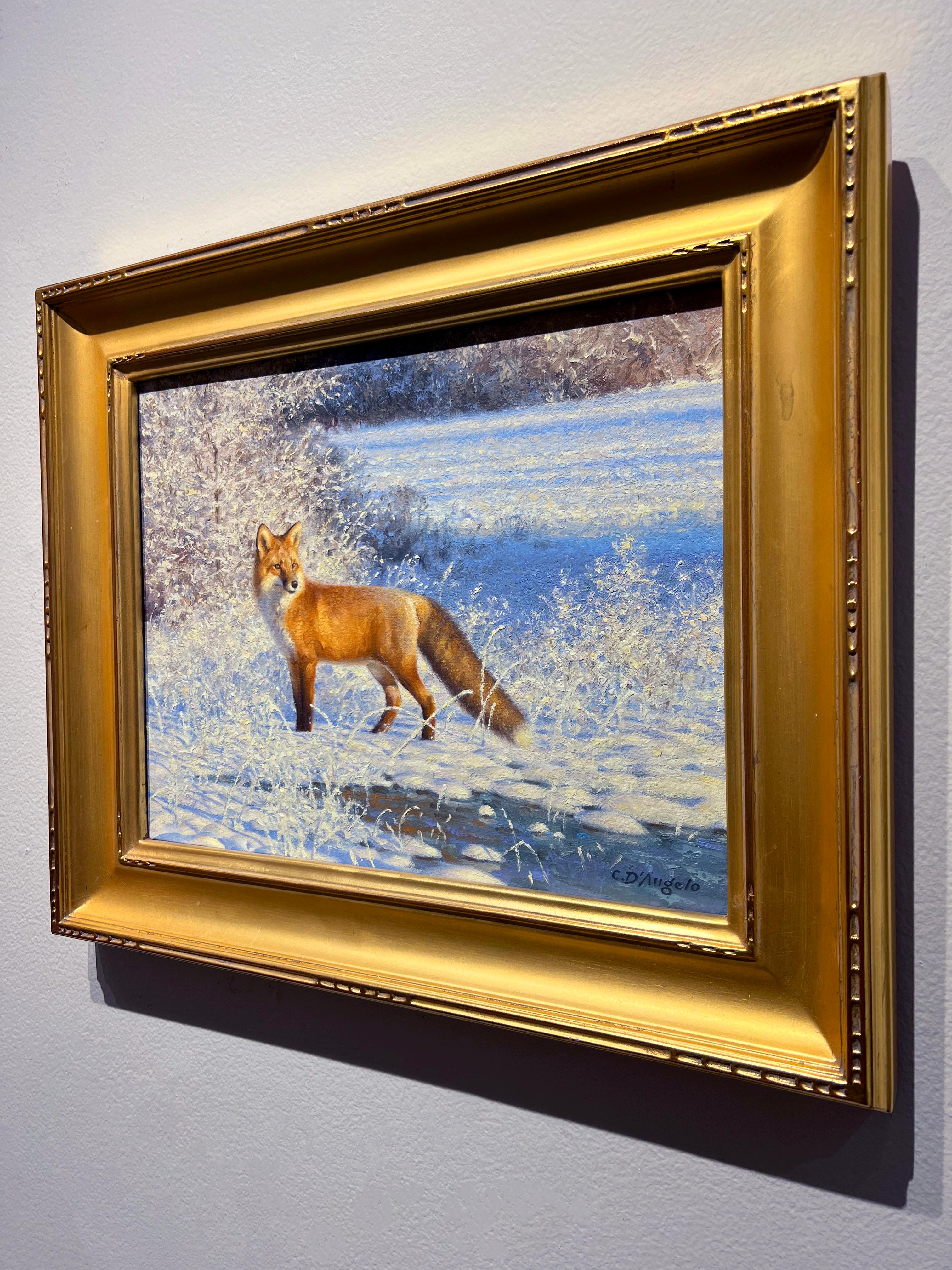 Claudio D'Angelo, Fox in Fresh Snow, peinture à l'huile de paysage d'hiver 11x14  en vente 3