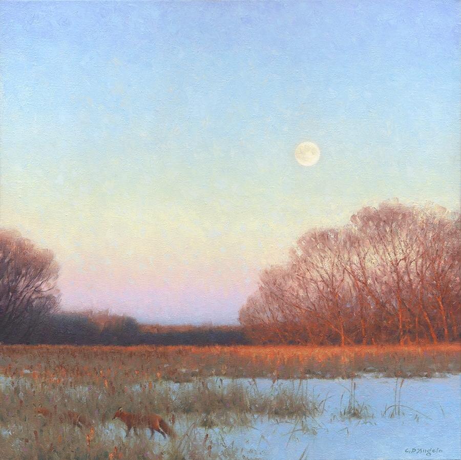 Dieses Werk, "Sonnenaufgang über dem Sumpf", ist ein 20x20 Winter-Ölgemälde auf Leinwand des Künstlers Claudio D'Angelo. Zu sehen ist ein früher Sonnenaufgang über einem schneebedeckten Sumpfgebiet, wobei Sonne und Mond ihre Plätze am Himmel