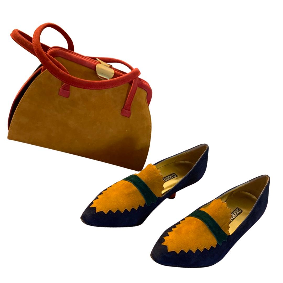 Noir Claudio Merazzi - Sac à main et chaussures italien en daim 4 couleurs - Taille 6 1/2 B en vente