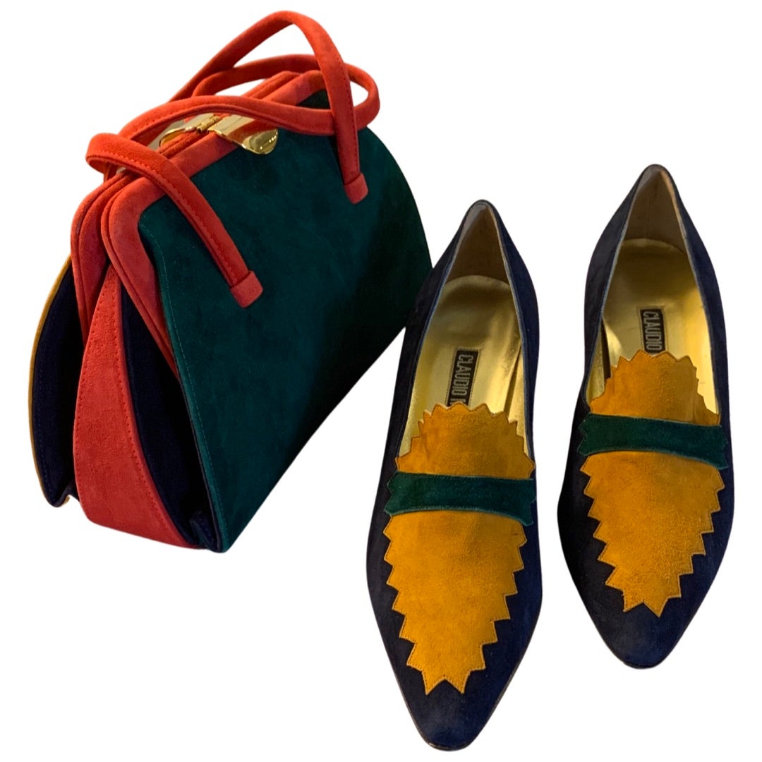 Claudio Merazzi - Sac à main et chaussures italien en daim 4 couleurs - Taille 6 1/2 B en vente