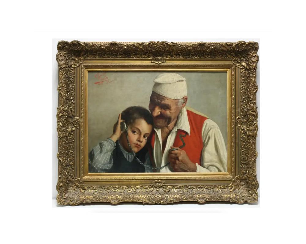 Porträt eines alten Mannes und eines Jungen mit einer Taschenuhr  Öl auf Leinwand. Oben links signiert und datiert 