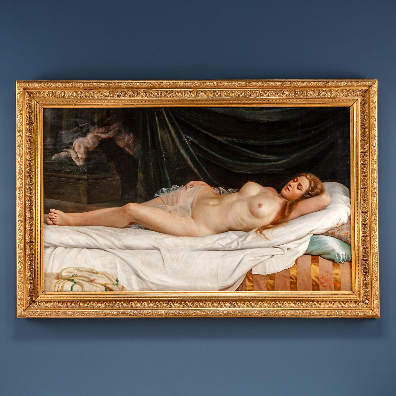 The scene is entirely occupied by a completely naked female figure, with the exception of a thin veil, with a diaphanous complexion and loose red hair that falls next to her breasts. She is fast asleep, lying on her back on a sprawling bed, whose
