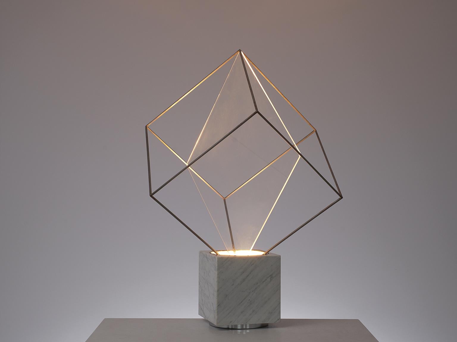 Claudio Salocchi for Lumen Form, 'Tulpa' lamp, marble, acrylic, metal, Italy, 1971.

Postmodern 'Tulpa' lamp by Claudio Salocchi. A very sculptural piece, featuring a marble base that holds a metal frame cube. An acrylic, diamond shaped plate is
