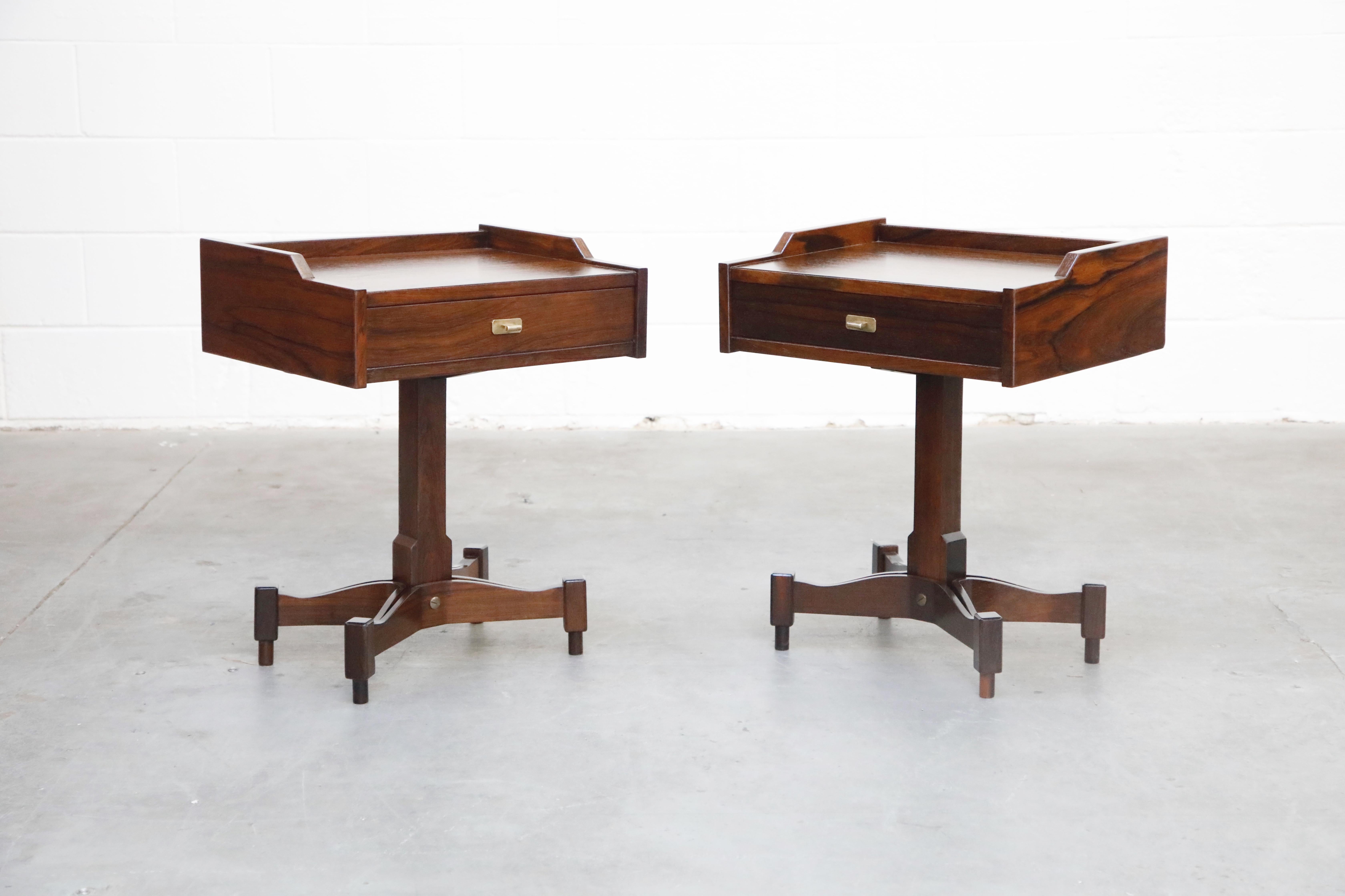 This rare pair of model SC-50 nightstands by Italian designer Claudio Salocchi for Sormani was designed and produced in the 1960s in Italy in small numbers. Featuring incredible veined Rosewood, brass pulls and feet, single drawer on each nightstand