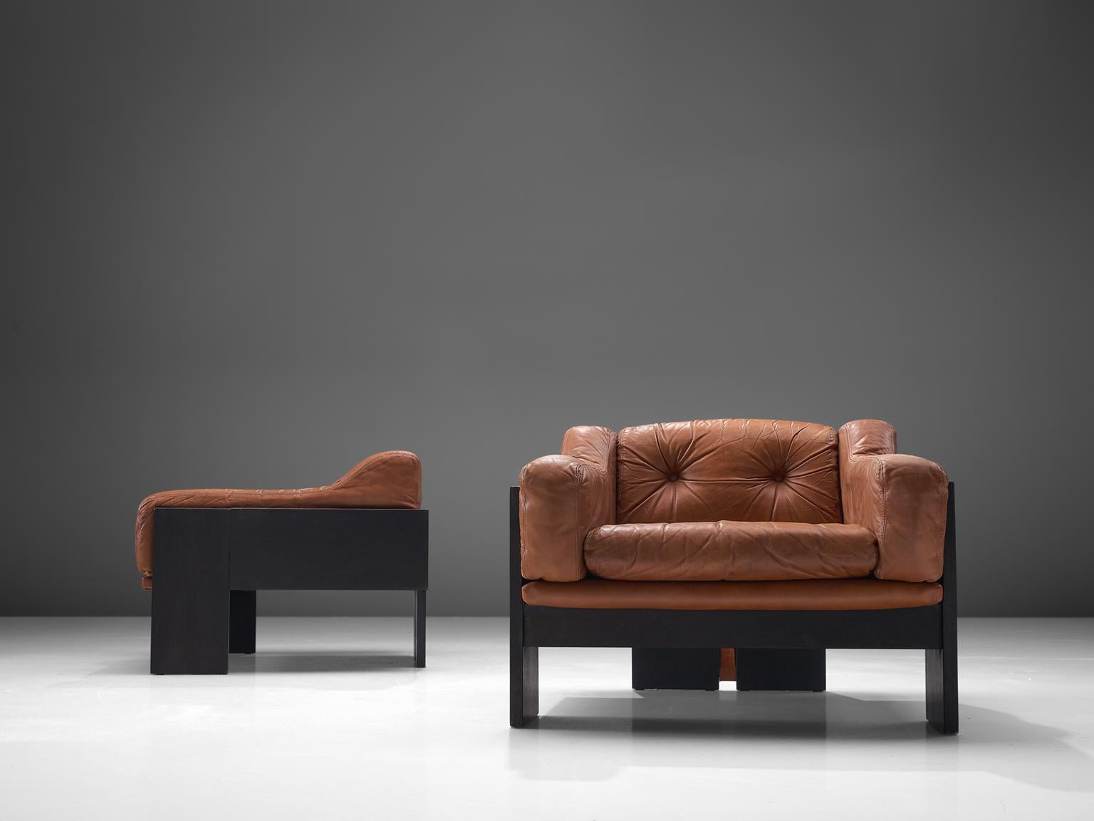 Mid-Century Modern Claudio Salocchi Pair of 2 'Oriolo' Club Chairs in Cognac Leather