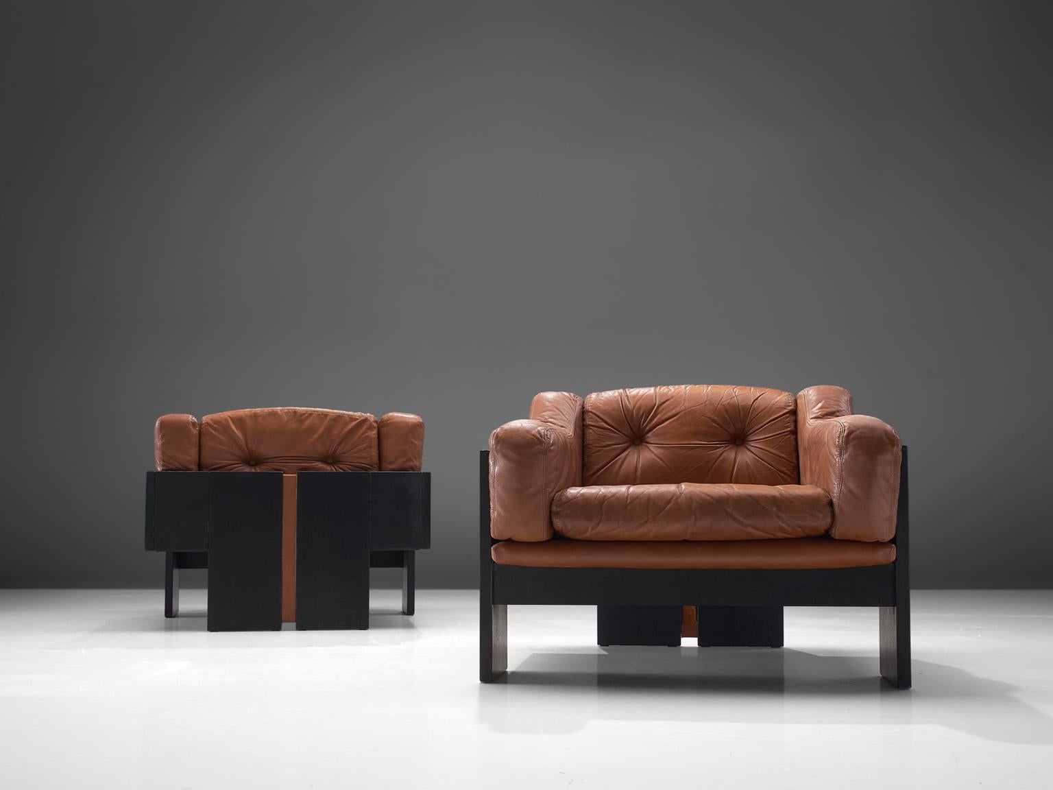 Italian Claudio Salocchi Pair of 2 'Oriolo' Club Chairs in Cognac Leather