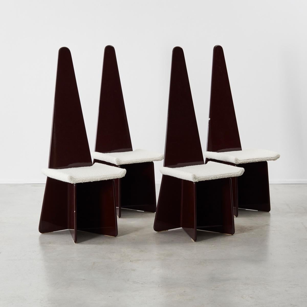 A striking set of chairs with a sculptural presence, designed for the renown Italian furniture house Sormani. Claudio Salocchi (1934–2012) worked as an architect and furniture designer, known for detailed research into furniture layouts. As a