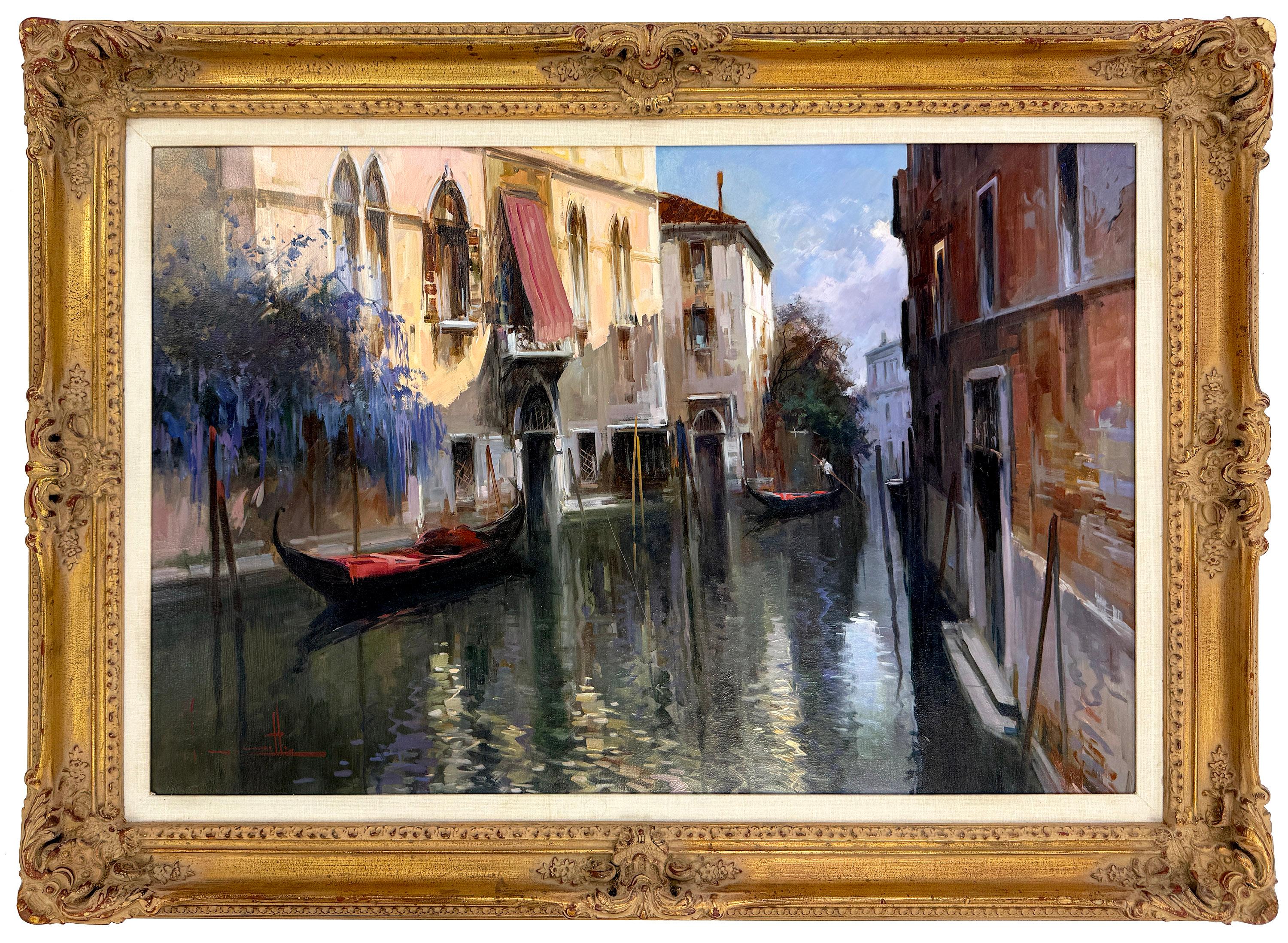 Venice Large Framed Original Oil Painting on Canvas, Mid-20th Century