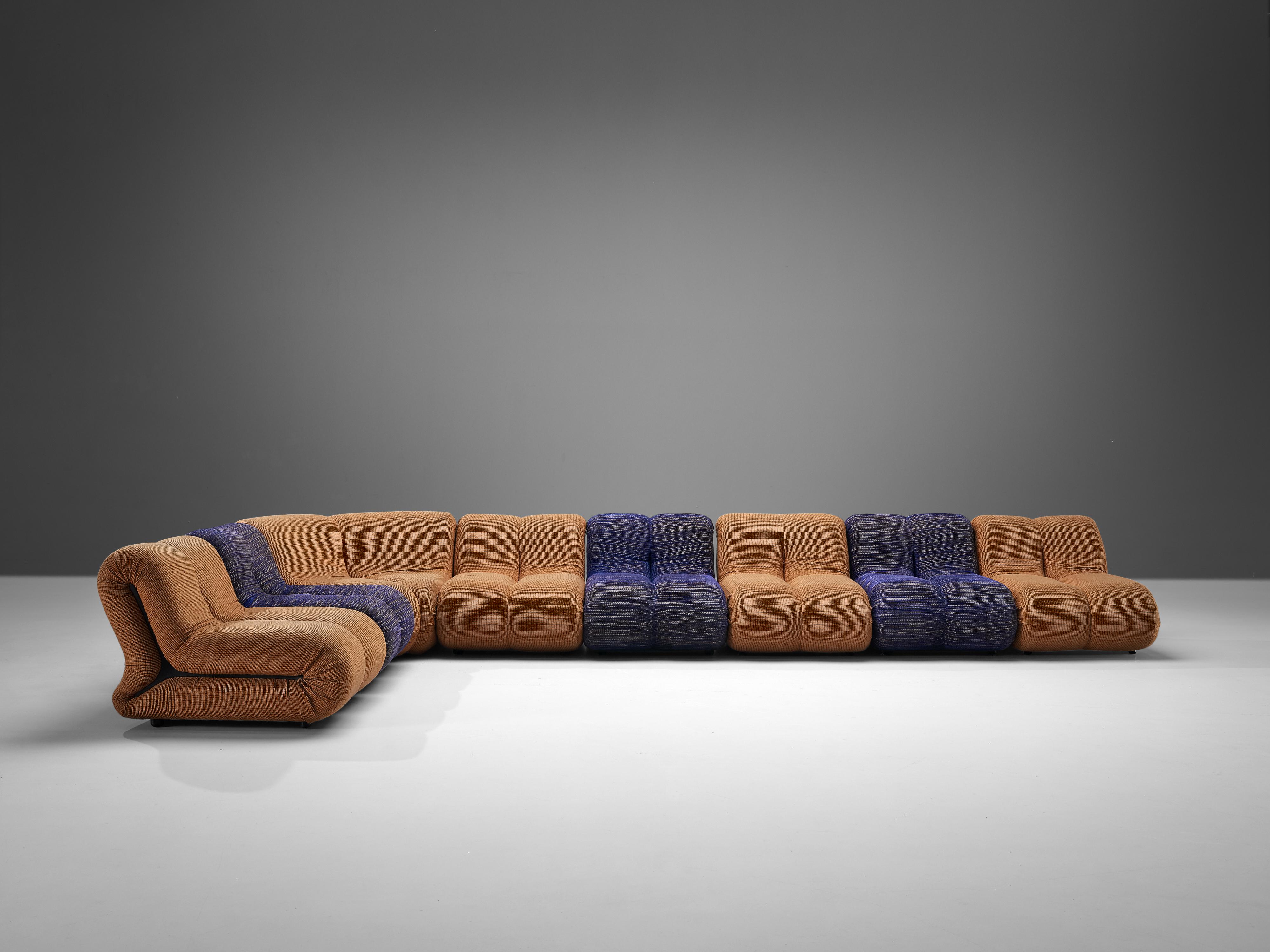Mid-Century Modern Claudio Vagnoni for 1P 'Pagru' Modular Sofa in Blue and Brown Upholstery