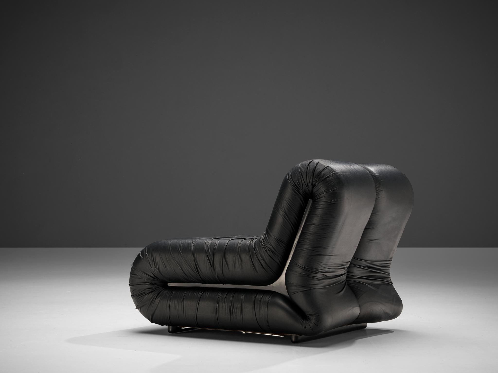 Italian Claudio Vagnoni for 1P Pair of 'Pagru' Lounge Chairs in Black Leather
