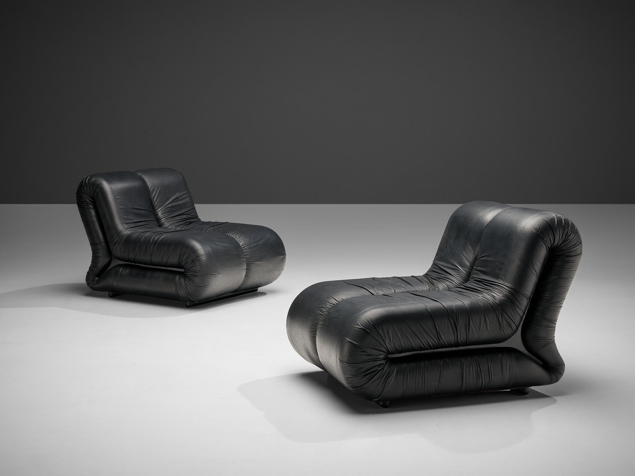Italian Claudio Vagnoni for 1P Pair of 'Pagru' Lounge Chairs in Black Leather