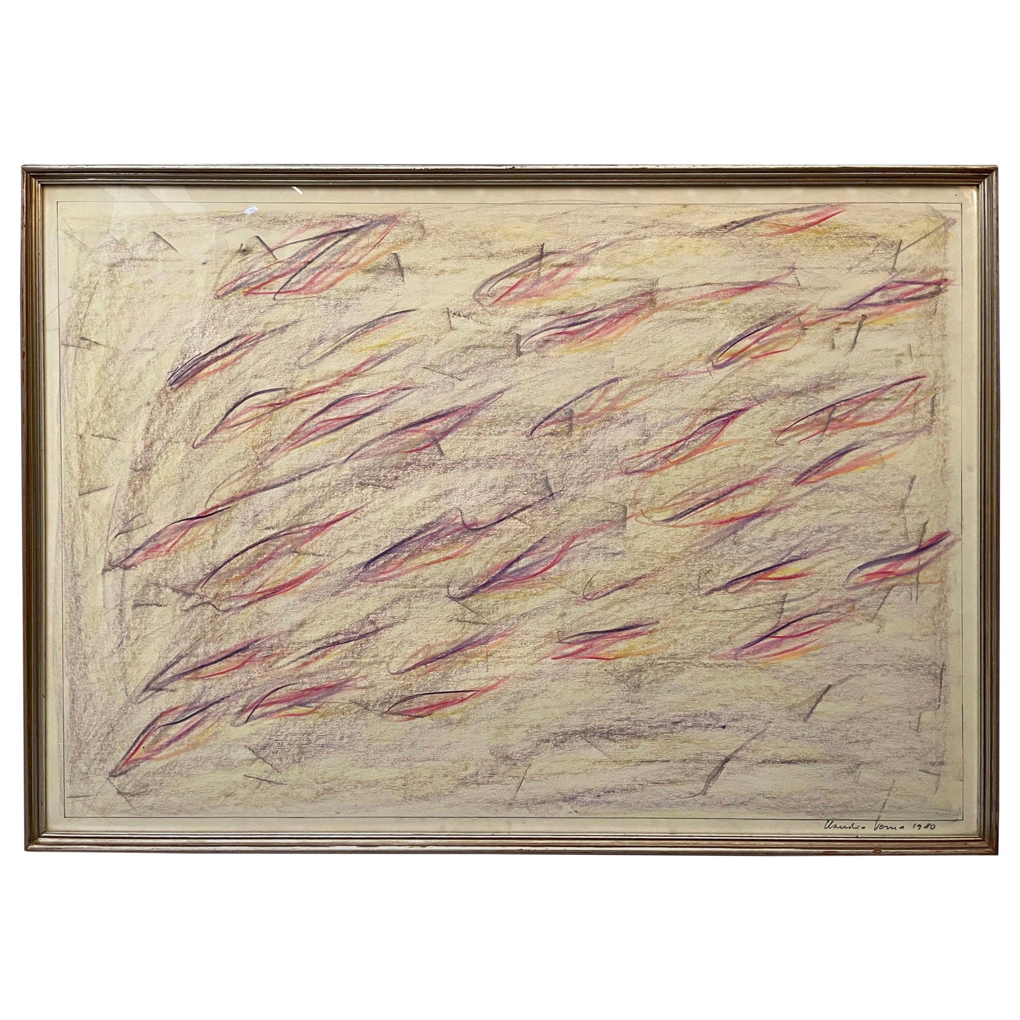 Claudio Verna pastel on paper signed and dated 1980 registered and certified by the Claudio Verna Archive.
 This artwork, never before on the market, comes from a private collection and is beautified by an impressive frame in silvered wood, in