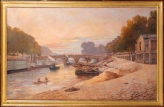 Grand paysage urbain impressionniste français et américain du 19e siècle de Paris et de la Seine