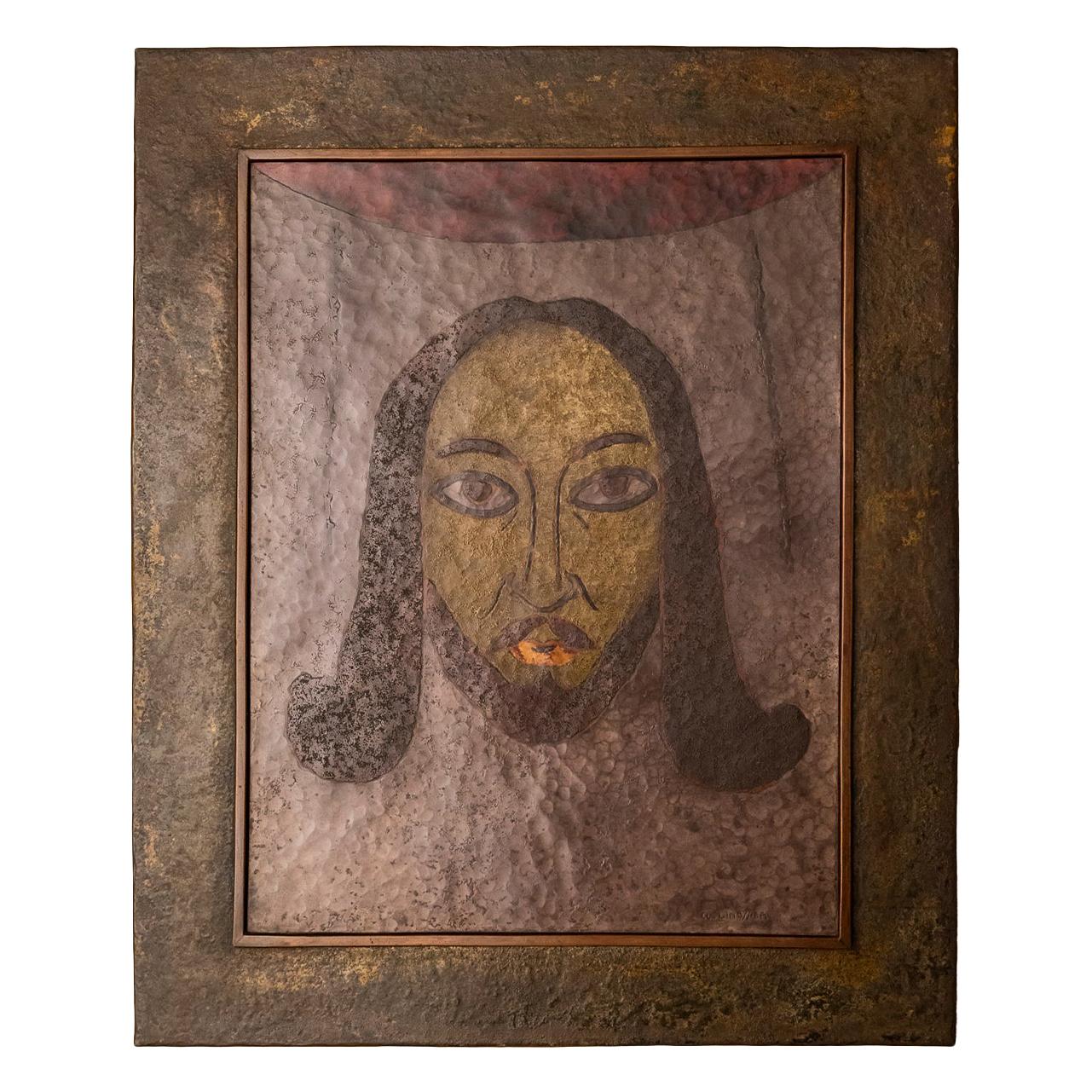 Claudius Linossier, Copper Work, Face of Christ, Signed, France
