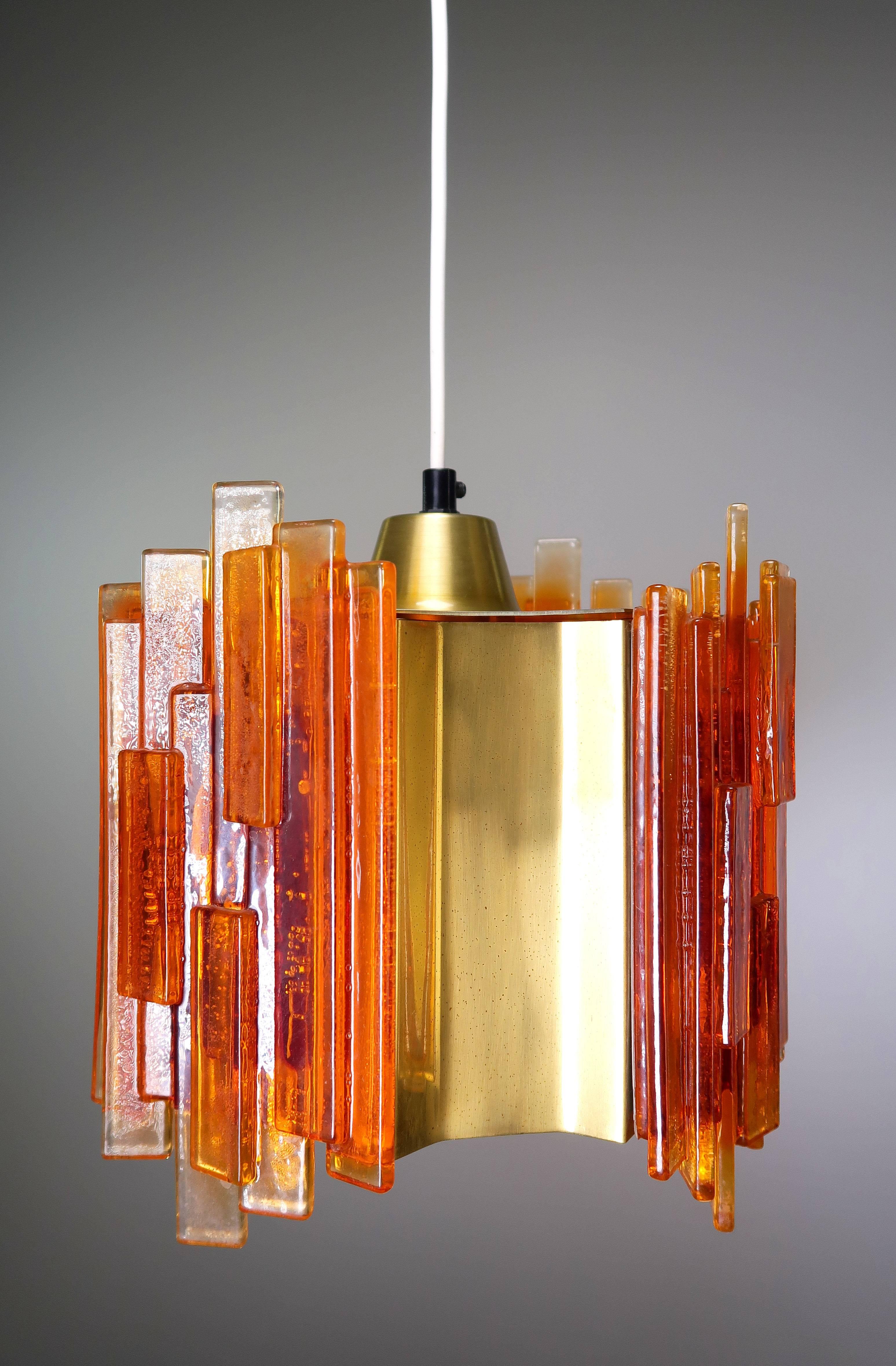 Mid-Century Modern Claus Bolby Danish Space Age Orange Sculpted Acrylic and Brass Pendant, 1970s