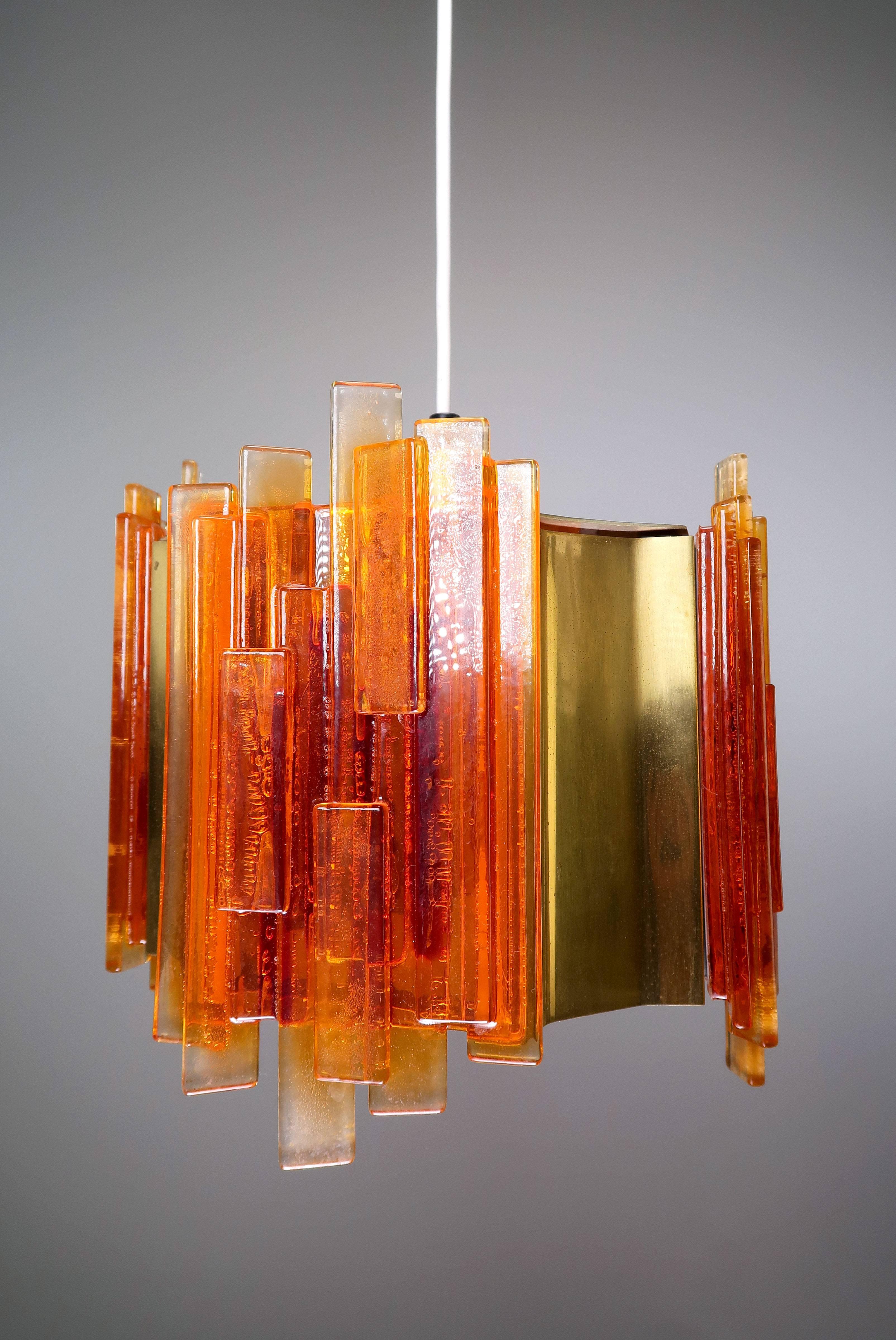 Claus Bolby Danish Space Age Orange Sculpted Acrylic and Brass Pendant, 1970s In Good Condition In Copenhagen, DK