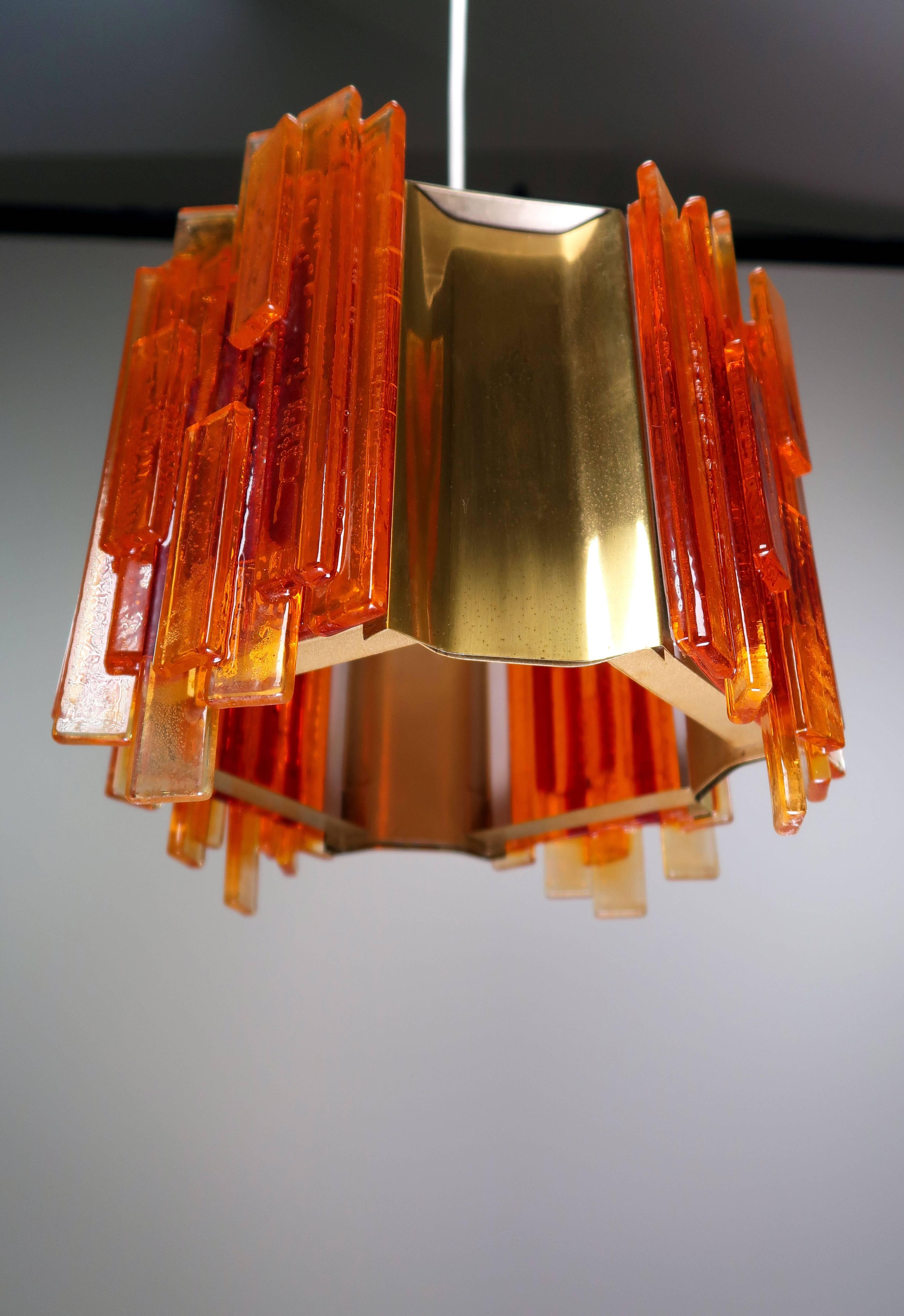 Claus Bolby Danish Space Age Orange Sculpted Acrylic and Brass Pendant, 1970s 1